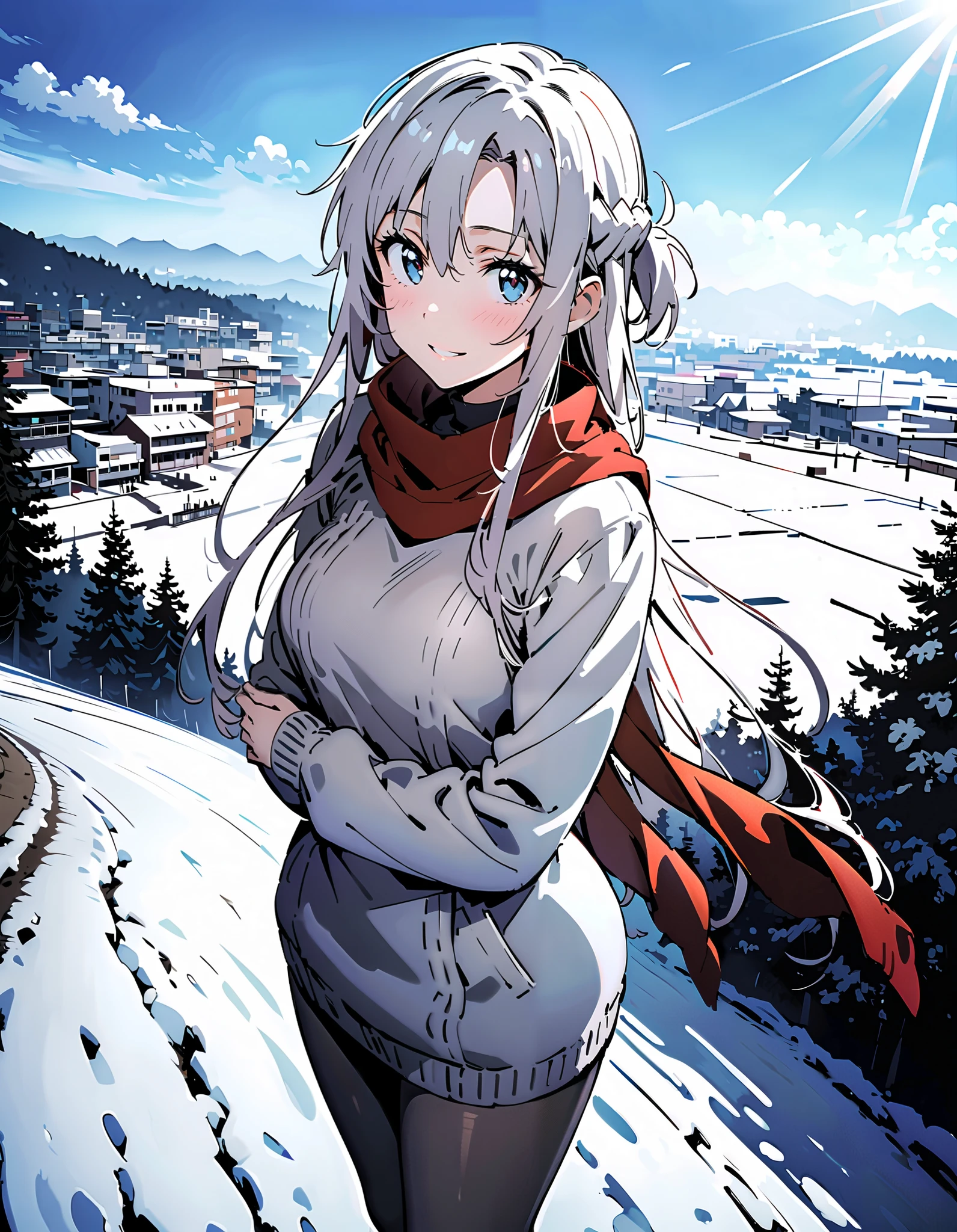Asuna Yuki , long hair, bangs,Alone, monochrome, braided, grayscale, single braided,Medium breast,smile,blush, open their mouths, red scarf,White Down Coat , ( sweater :1.2),( turtleneck:1.2), long skirt ,rib tights , grey pantyhose , boots, standing,snow,whole bodyがイラストに入るように, break looking at viewer,whole body, break outdoors, Around town, break ( Masterpiece:1.2), top quality , kampala,unity 8k wallpaper,(shape:0.8),( fine, beautiful eyes :1.6),It's a person ,whole body写真,CG Details , ( perfect hand, complete anatomy),