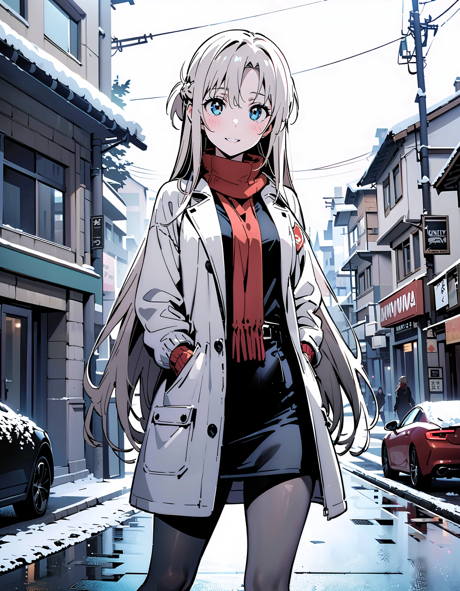 Asuna Yuki , long hair, bangs,Alone, monochrome, braided, grayscale, single braided,Medium breast,smile,blush, open their mouths, red scarf,White Down Coat , ( sweater :1.2),( turtleneck:1.2), long skirt ,rib tights , grey pantyhose , boots, standing,snow,whole bodyがイラストに入るように, break looking at viewer,whole body, break outdoors, Around town, break ( Masterpiece:1.2), top quality , kampala,unity 8k wallpaper,(shape:0.8),( fine, beautiful eyes :1.6),It's a person ,whole body写真,CG Details , ( perfect hand, complete anatomy),