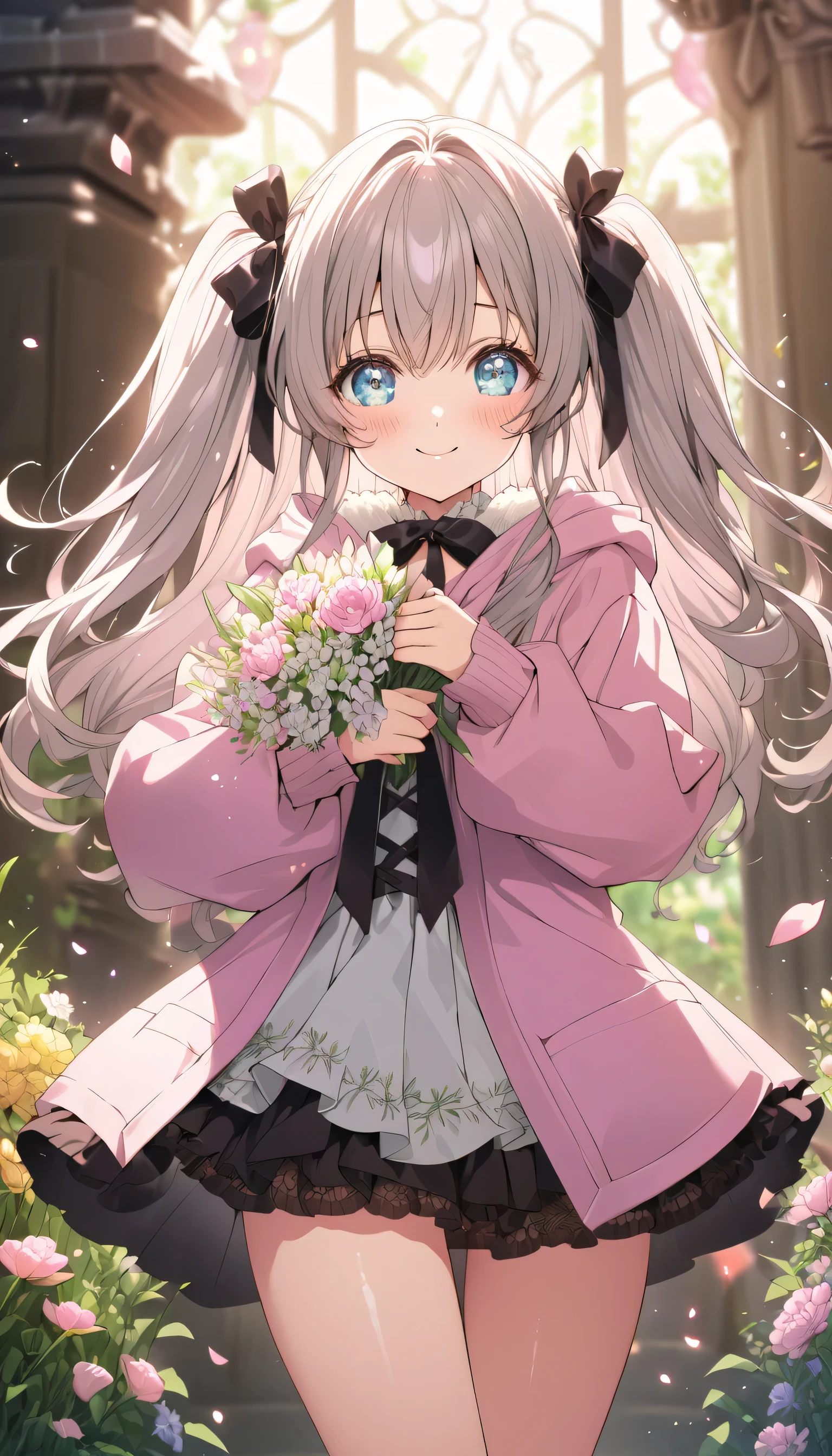 ((ultra-detailed)), (highly detailed CG illustration), (best quality:1.2), ultra-highly detailed, colorful composition, artistic photoshoot, 1girl, solo focus, ((thigh to top:1.4)), ((cowboy shot:1.4)), moe anime character, teenage girl, dainty facial structure, (baby face), (round face), ((rounded chin:1.2)), ((ideal ratio body proportions)), celia-default, celia claire, (blue eyes), sparkle eyes, pale pink hair color, two side up, (black hair ribbon), Dusty pink oversized hoodie with black ribbon tie and lace-up across the chest,
Black mini skirt with tiered ruffles (slightly visible through the hem of the tops),
Black ankle boots with faux fur lining, ample breasts, ((holding a colorful bouquet of flower)), petals glowing and fluttering, best quality, masterpiece, standing by the victorian garden with flowers, beautiful detailed sky, dynamic pose, from front, expecting, pink cheek, blush, light pink gloss slip, portrait, depth of field, soft lighting, sidelighting, (shine), lighting, caustics, ray tracing, smile, perfect face, lustrous skin, highly detailed face, highly detailed eyes, perfect face, perfect nose, perfect hair, perfect eyes, perfect anatomy, beautiful hair, beautiful small face, extremely detailed face, beautiful detailed eyes, beautiful clavicle, beautiful body, beautiful huge breasts, leavage, breasts squeezed together, equalize the size of the left and right breasts, beautiful thin thighs, beautiful legs, beautiful fingers, 4 fingers, 1 thumb, lovely, (very detailed background:1.0), (highly detailed background:1.0), spring aesthetic, intricate details, joyful atmosphere, spring colors palette, chromatic aberration