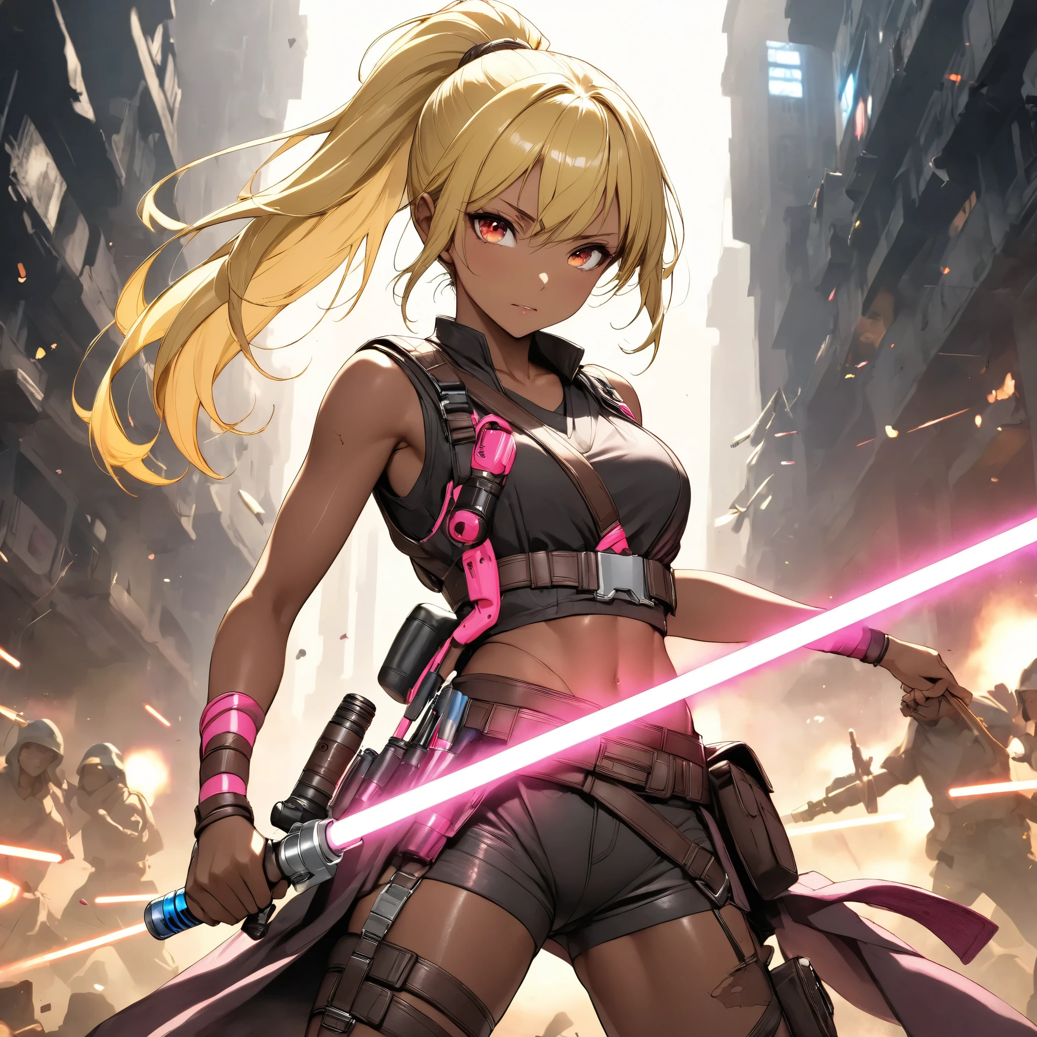 Beautiful Jedi Master in Battle in the Apocalypse 、Fluorescent Pink Lightsaber 、 anatomically correct posture 、 equipped with lots of tools on a tanned leather tool belt、Full Harness、 perfect eyes、Glossy brown skin 、Tattered clothes、 movie light effects, ponytail 、Shiny yellow hair、 red eyes