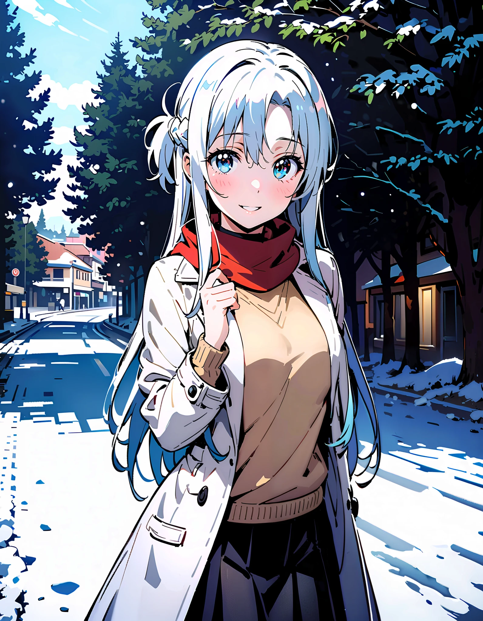 Asuna Yuki , long hair, bangs,Alone, monochrome, braided, Hair, single braided,Medium breast,smile,blush, open their mouths, red scarf,White Down Coat , ( sweater :1.2),( turtleneck:1.2), long skirt ,rib tights , grey pantyhose , boots, standing,snow,whole bodyがイラストに入るように, break looking at viewer,whole body, break outdoors, Around town, break ( Masterpiece:1.2), top quality , kampala,unity 8k wallpaper,(shape:0.8),( fine, beautiful eyes :1.6),It's a person ,whole body写真,CG Details , ( perfect hand, complete anatomy),