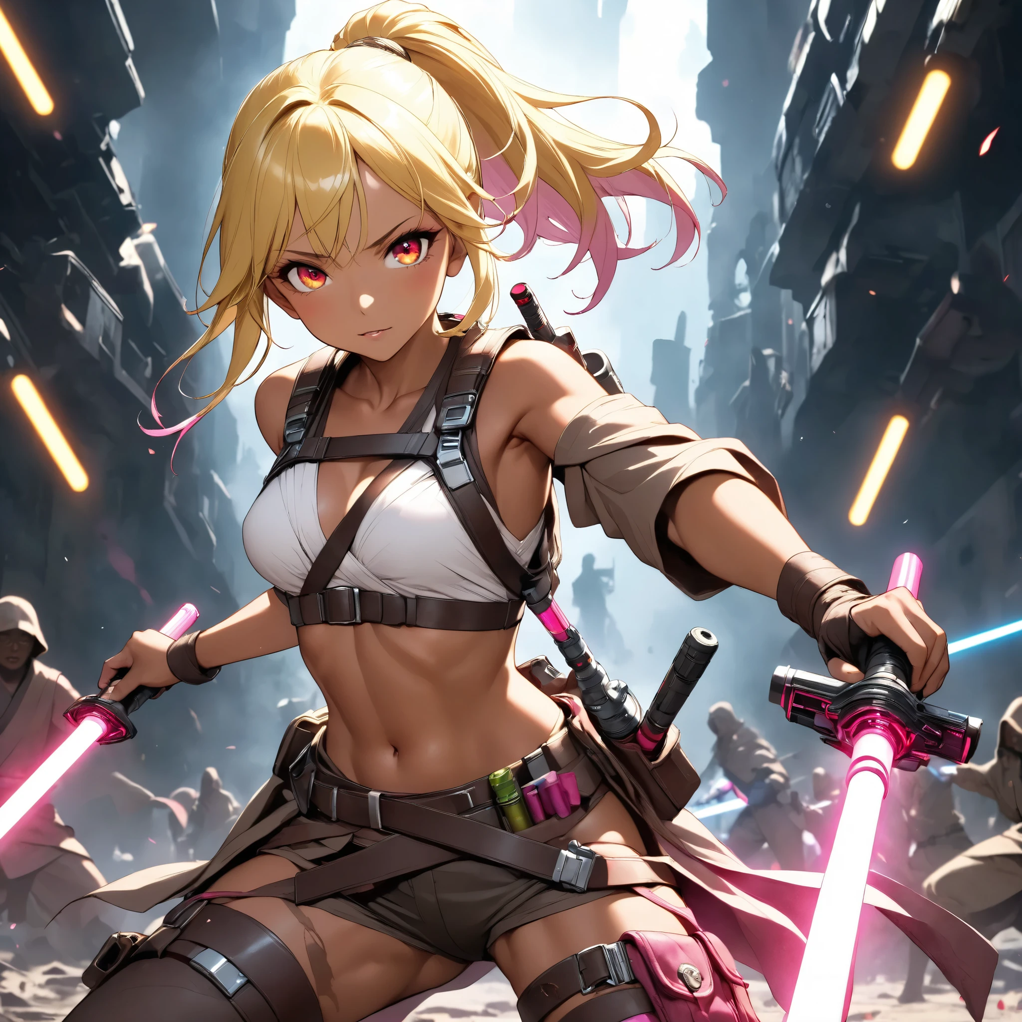Beautiful Jedi Master in Battle in the Apocalypse 、Fluorescent Pink Lightsaber 、 anatomically correct posture 、 equipped with lots of tools on a tanned leather tool belt、Full Harness、 perfect eyes、Glossy brown skin 、Tattered clothes、 movie light effects, ponytail 、Shiny yellow hair、 red eyes