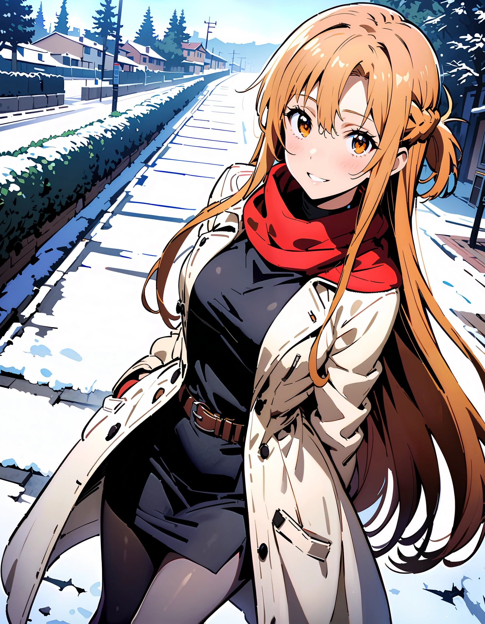 Asuna Yuki , long hair, bangs,Alone, monochrome, braided, Hair, brown eyes,single braided,Medium breast,smile,blush, open their mouths, red scarf,White Down Coat , ( sweater :1.2),( turtleneck:1.2), long skirt ,rib tights , grey pantyhose , boots, standing,snow,whole bodyがイラストに入るように, break looking at viewer,whole body, break outdoors, Around town, break ( Masterpiece:1.2), top quality , kampala,unity 8k wallpaper,(shape:0.8),( fine, beautiful eyes :1.6),It's a person ,whole body写真,CG Details , ( perfect hand, complete anatomy),