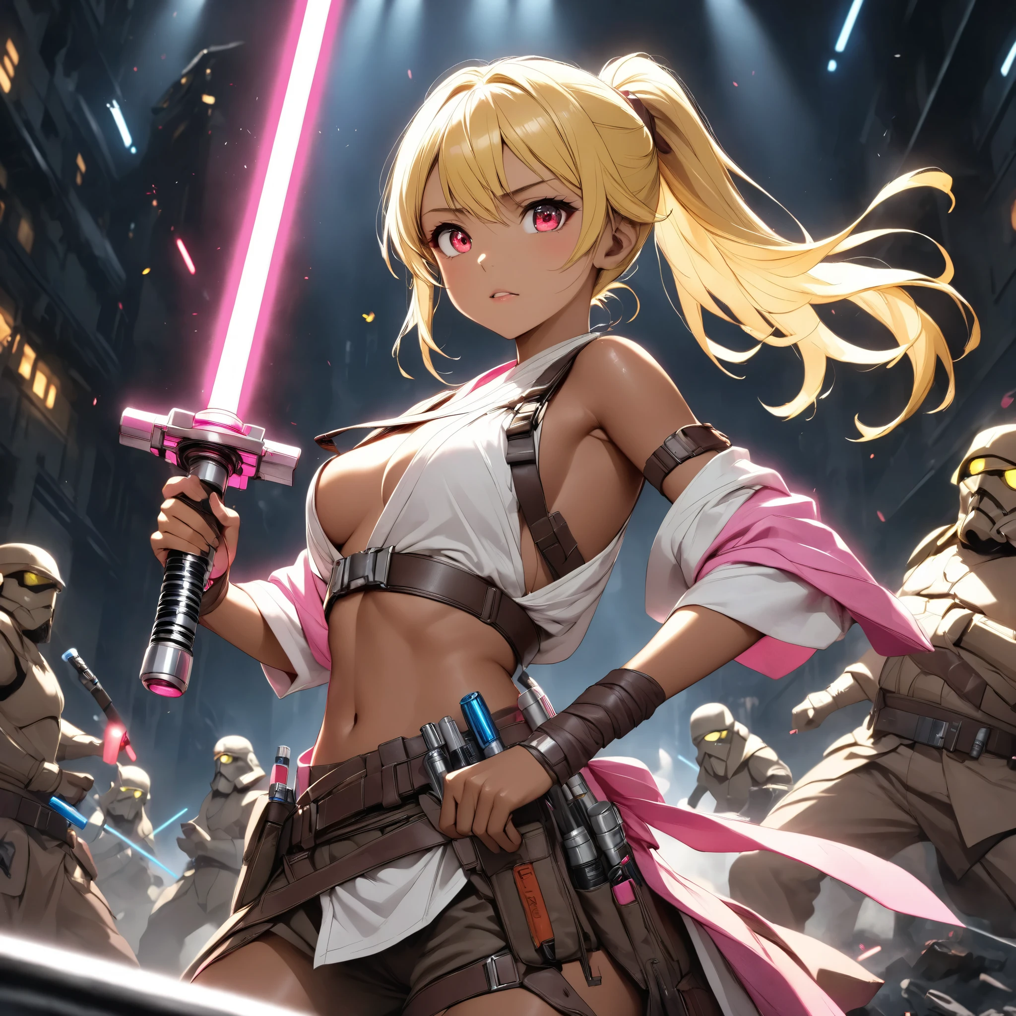 Beautiful Jedi Master in Battle in the Apocalypse 、1 fluorescent pink lightsaber、 anatomically correct posture 、 equipped with lots of tools on a tanned leather tool belt、Full Harness、 perfect eyes、Glossy brown skin 、Tattered clothes、 movie light effects, ponytail 、Shiny yellow hair、 red eyes