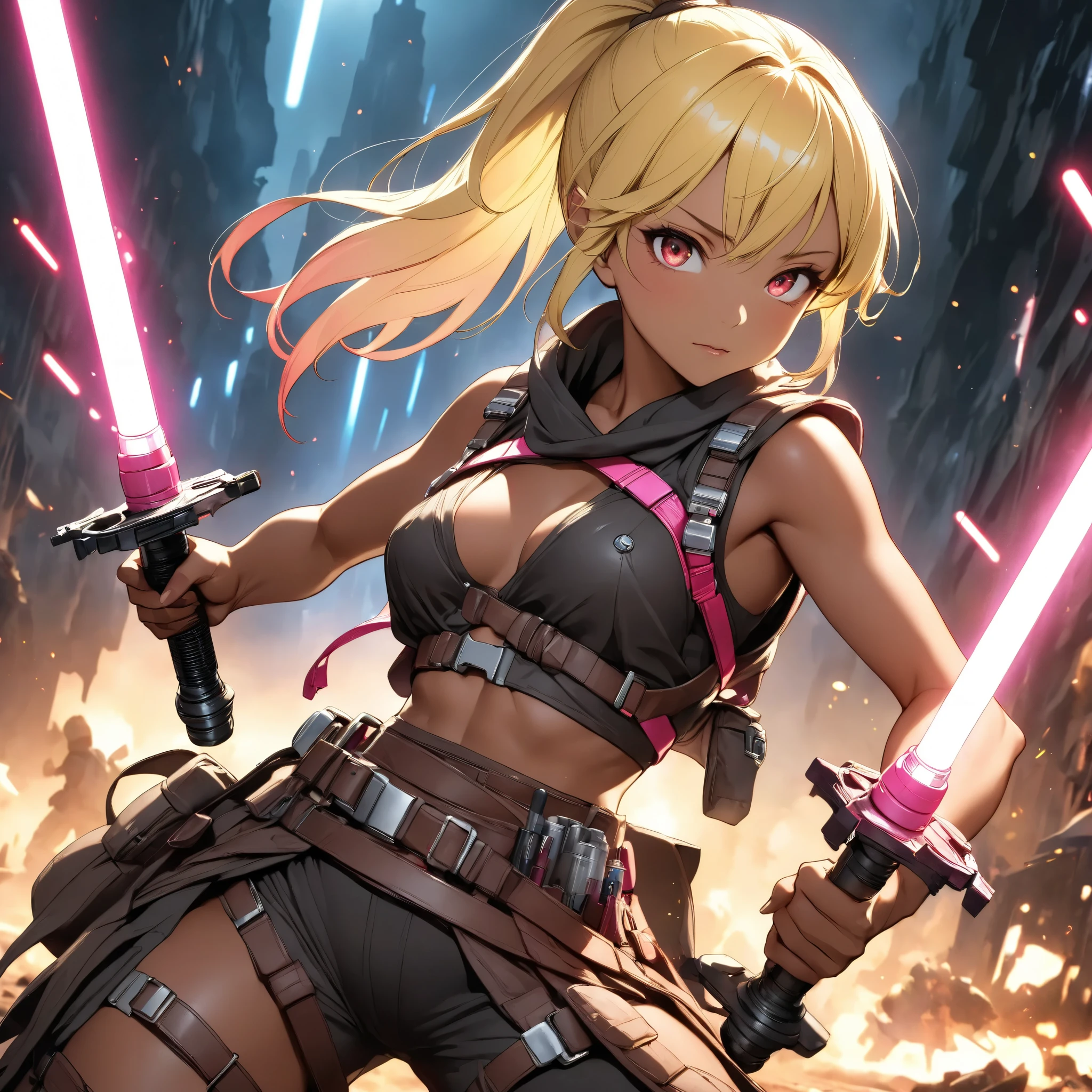 Beautiful Jedi Master in Battle in the Apocalypse 、1 fluorescent pink lightsaber、 anatomically correct posture 、 equipped with lots of tools on a tanned leather tool belt、Full Harness、 perfect eyes、Glossy brown skin 、Tattered clothes、 movie light effects, ponytail 、Shiny yellow hair、 red eyes