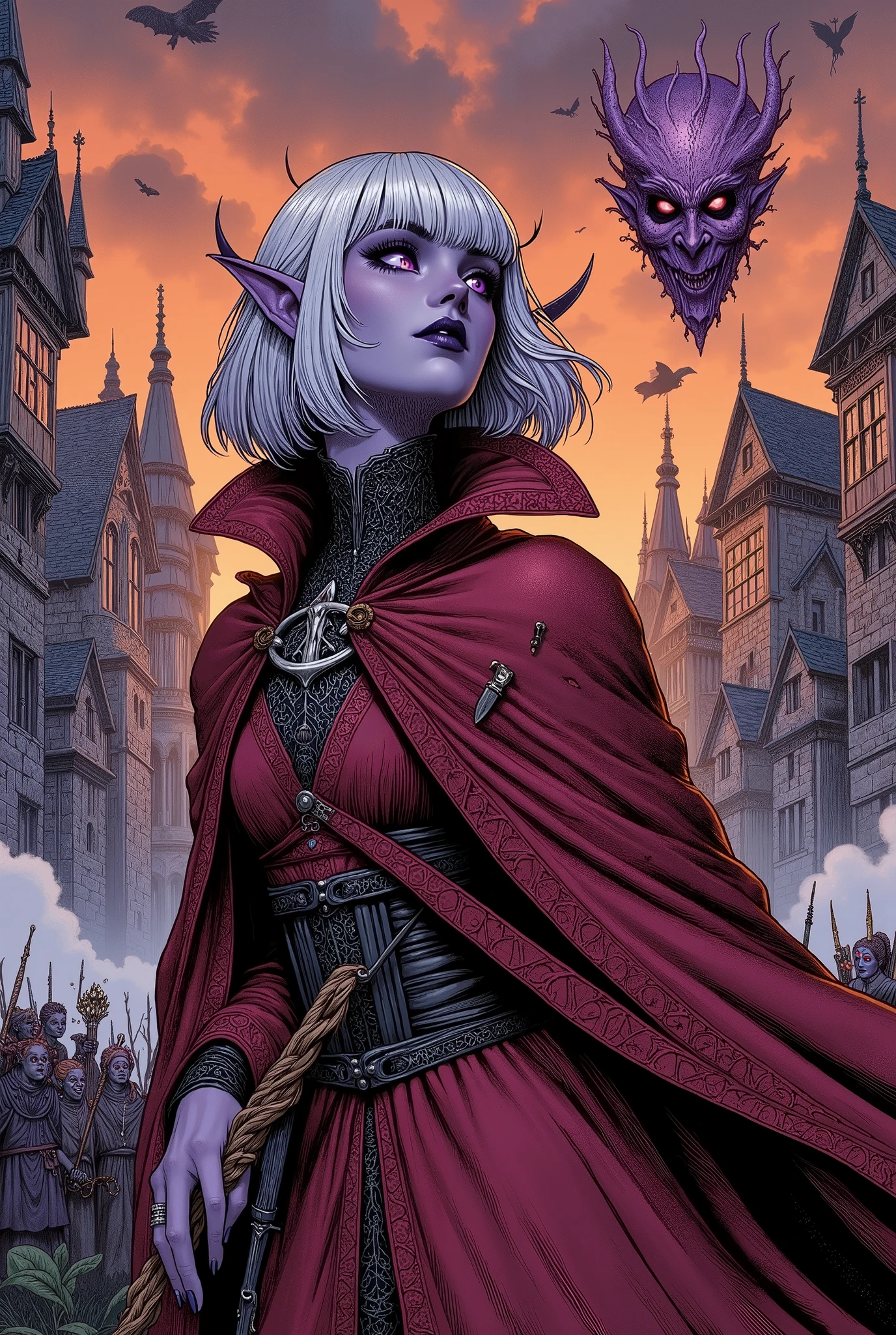 (Ultra-detailed face, Looking Away, Fantasy Illustration with Gothic, Modern Ukiyo-e Style, Comic Art, Dark Tone Colors), BREAK (The color here is a mixture of orange and purple. The air is gray and cloudy. Buildings stand thin and tall like thorns. Some towers are suspended in the air. The exterior of the building is of the dark stone of medieval Scandinavia, with gargoyle statues attached menacingly to various parts of the building.), BREAK (The Lady of Pain floats in the air, backed by the royal palace. Behind her, gray, glowing red-eyed humans, elves, dwarves, tieflings with horns on their heads, hobbits, and clockwork manmade creatures hold their weapons and await the Lady's marching orders.), BREAK (The Lady of Pain with The masked look, dark gray color skin, almond-shaped eyes, gray pupils, thick, dark eyeliner around the eyes, and smoky makeup around the eyes.), BREAK (The Lady of Pain has several thin knife blades radiating around her face. She wears a shiny black bib necklace with a net that covers her neck. She wears a very long robe of crimson, sewn-together fabric with cut-out designs, and floats in the air with a twisted staff with a swirling design of glowing purple thorns.)
