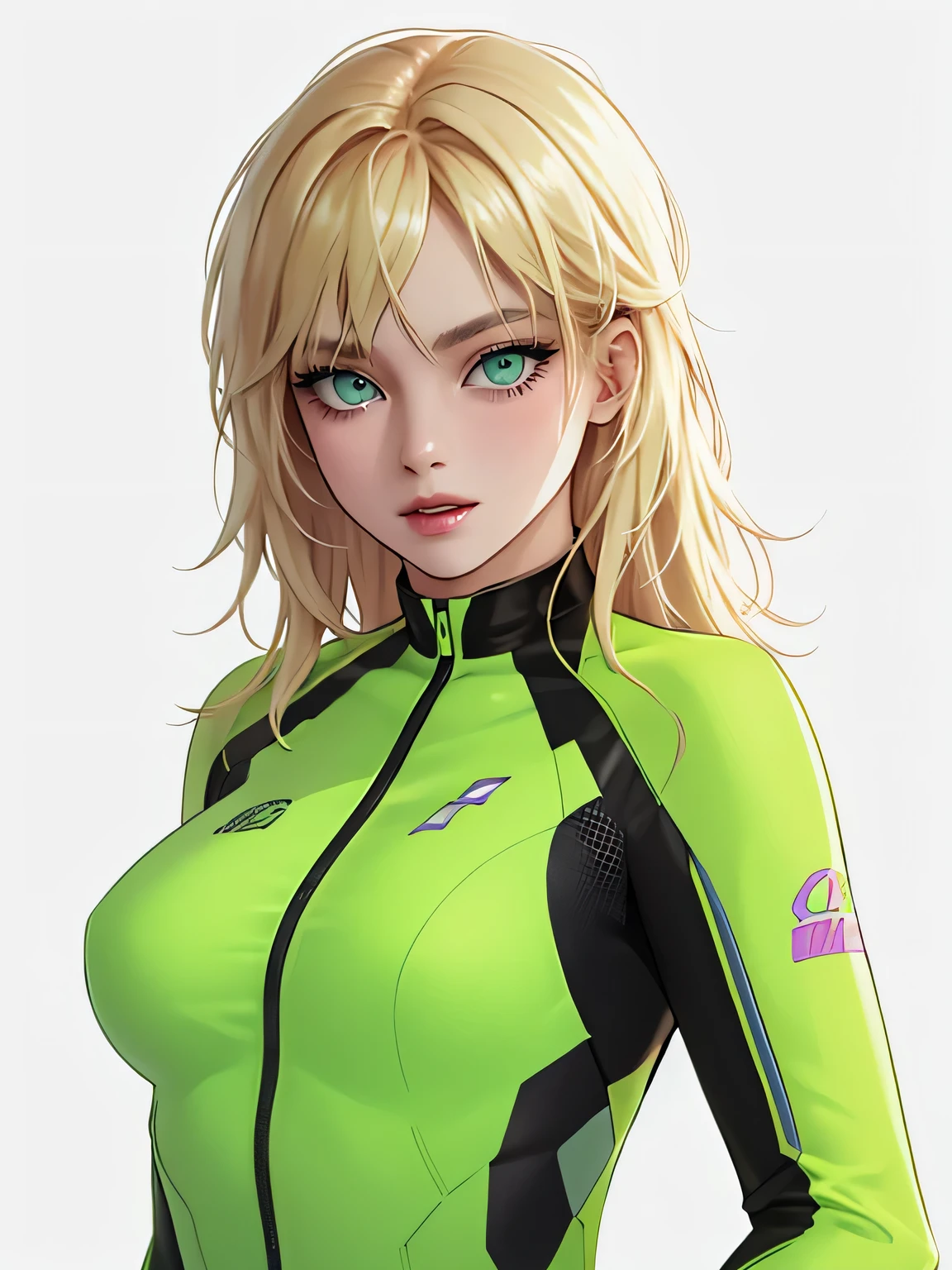 a detailed masterpiece portrait of a beautiful blonde woman with green eyes wearing a racing suit, extremely detailed face and figure, long hair, photorealistic, professional lighting, vibrant colors, cinematic composition, big breast, sensual Perfect body 