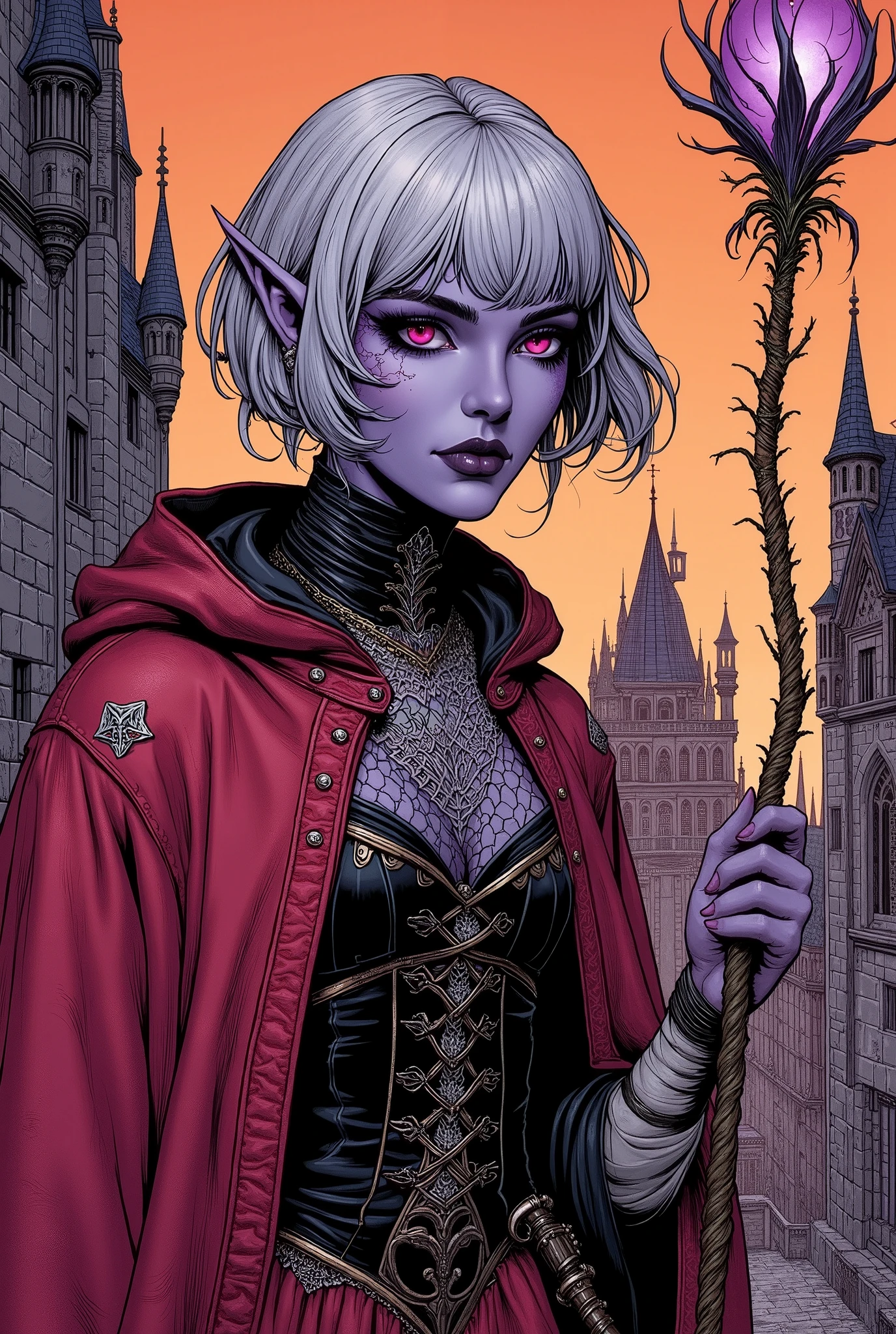 (Ultra-detailed face, Looking Away, Fantasy Illustration with Gothic, Modern Ukiyo-e Style, Comic Art, Dark Tone Colors), BREAK (The color here is a mixture of orange and purple. The air is gray and cloudy. Buildings stand thin and tall like thorns. Some towers are suspended in the air. The exterior of the building is of the dark stone of medieval Scandinavia, with gargoyle statues attached menacingly to various parts of the building.), BREAK (The Lady of Pain floats in the air, backed by the royal palace. Behind her, gray, glowing red-eyed humans, elves, dwarves, tieflings with horns on their heads, hobbits, and clockwork manmade creatures hold their weapons and await the Lady's marching orders.), BREAK (The Lady of Pain with The masked look, dark gray color skin, almond-shaped eyes, gray pupils, thick, dark eyeliner around the eyes, and smoky makeup around the eyes.), BREAK (The Lady of Pain has several thin knife blades radiating around her face. She wears a shiny black bib necklace with a net that covers her neck. She wears a very long robe of crimson, sewn-together fabric with cut-out designs, and floats in the air with a twisted staff with a swirling design of glowing purple thorns.)
