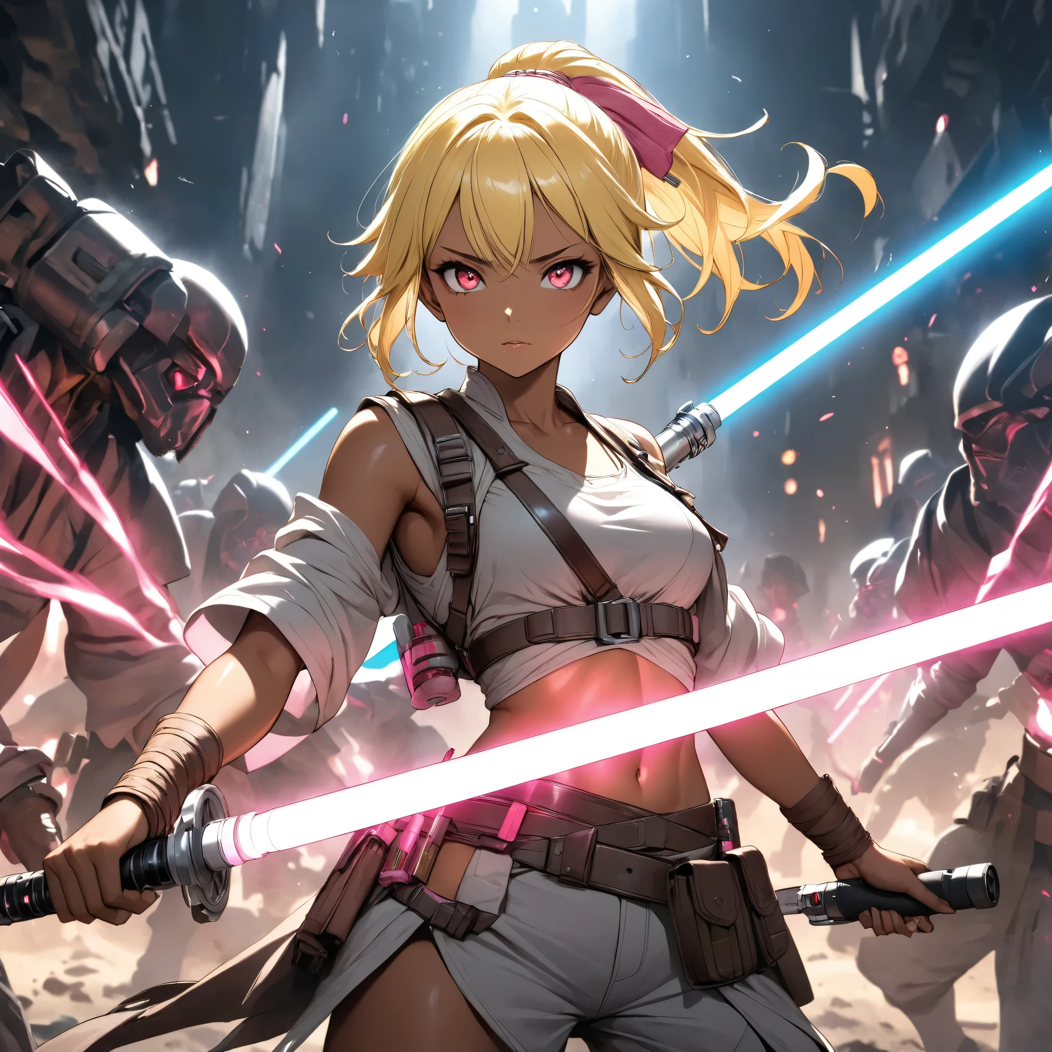 Beautiful Jedi Master in Battle in the Apocalypse 、1 fluorescent pink lightsaber、 anatomically correct posture 、 equipped with lots of tools on a tanned leather tool belt、Full Harness、 perfect eyes、Glossy brown skin 、Tattered clothes、 movie light effects, ponytail 、Shiny yellow hair、 red eyes