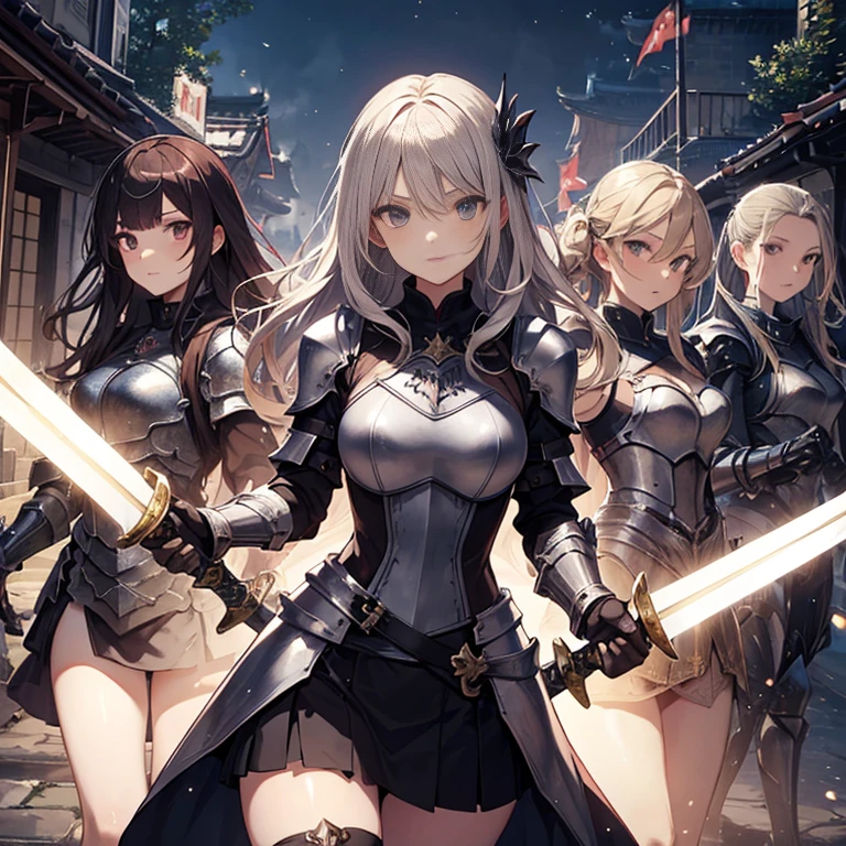 A group of female knights, (in temple), various hair styles, harem, wearing armored clothes, metal armor, night, details face, short skirt, seducing, sword, sleeveless
