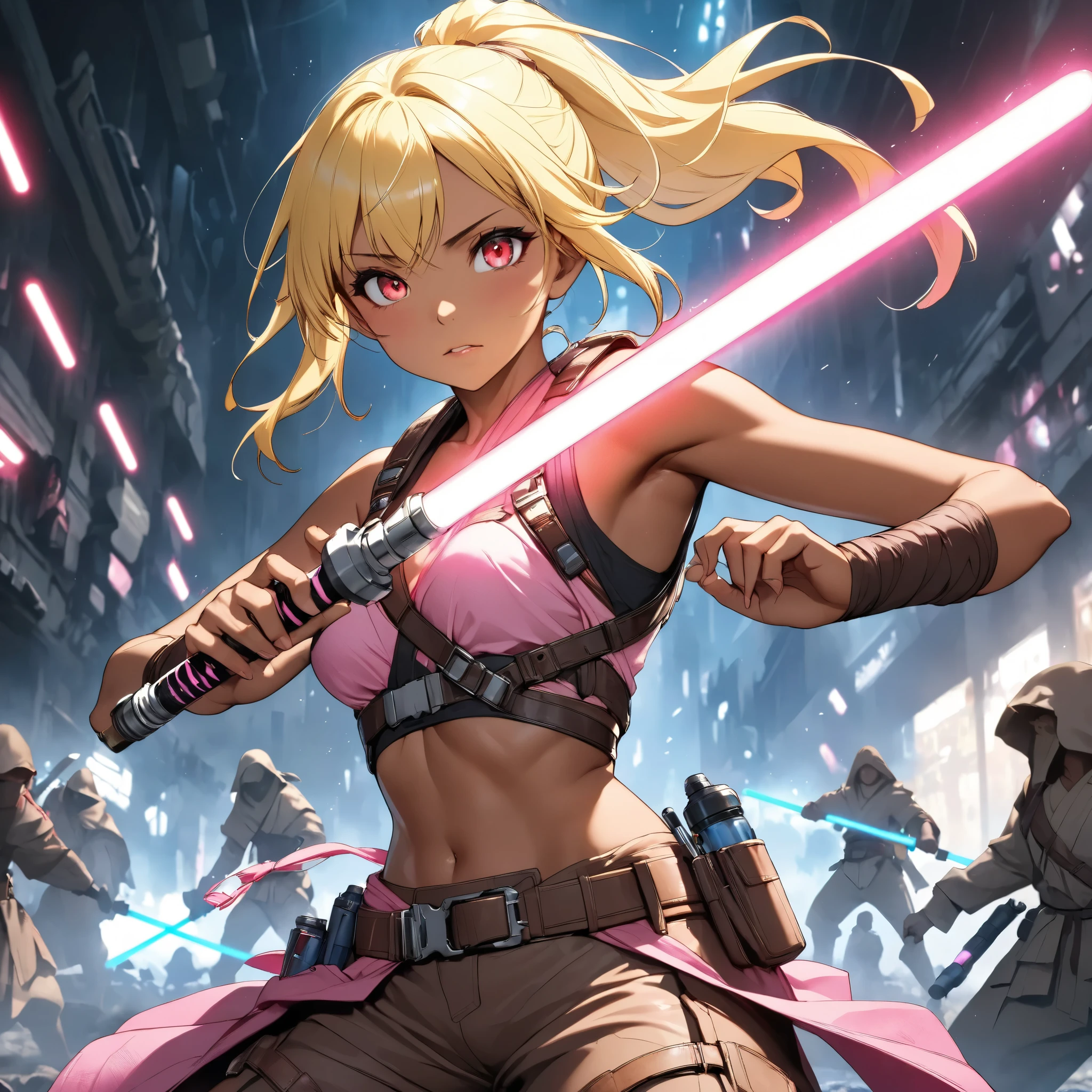 Beautiful Jedi Master in Battle in the Apocalypse 、1 fluorescent pink lightsaber、 anatomically correct posture 、 equipped with lots of tools on a tanned leather tool belt、Full Harness、 perfect eyes、Glossy brown skin 、Tattered clothes、 movie light effects, ponytail 、Shiny yellow hair、 red eyes