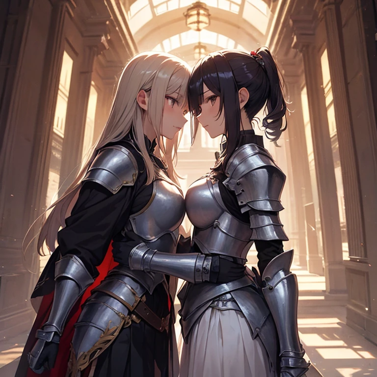 A couple of female knights in armor kissing each other in a room in an old castle, (Kiss cutely, Girl Love Art, O'Pein, Side milk, Large Breasts, ((((Waist-length blonde ponytail))), (Love kiss between girls), The mouth is very small, (Girl love hug), Touch her breasts, (Hug your waist),