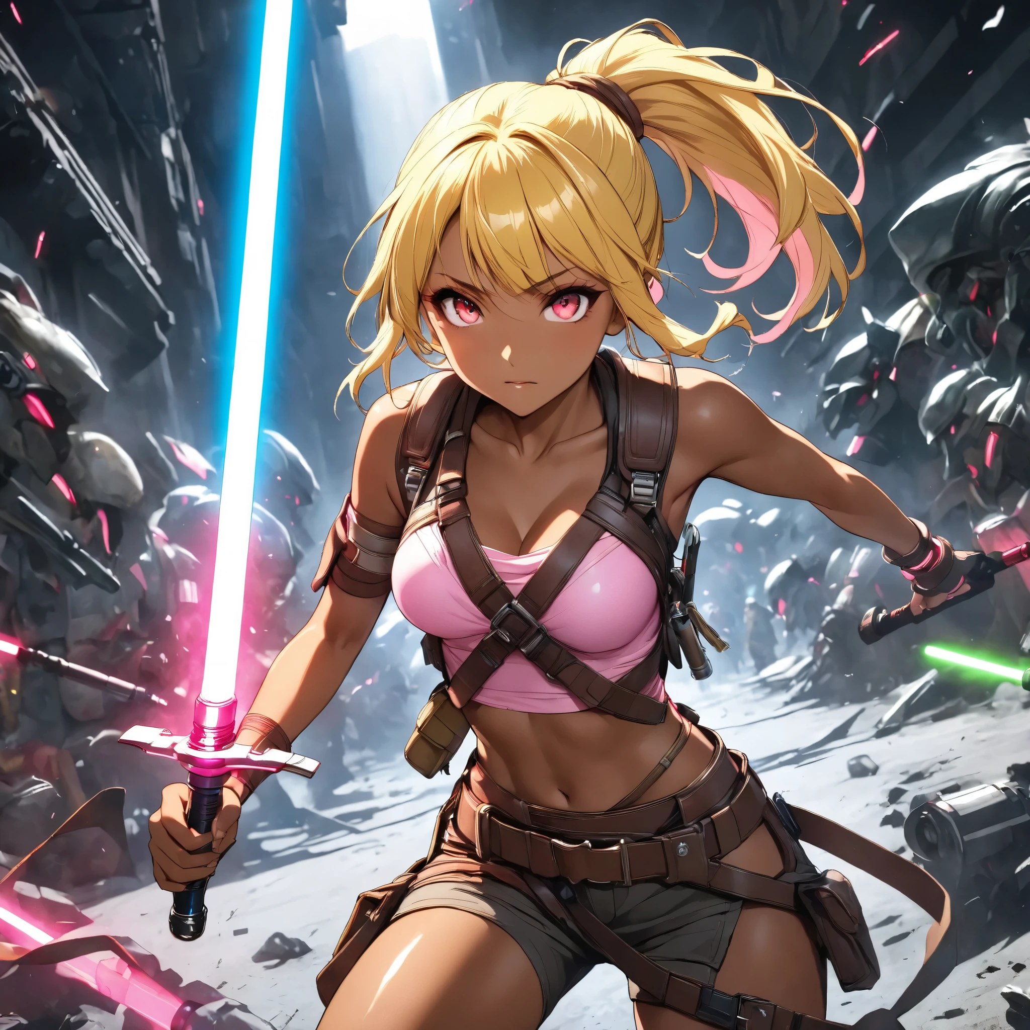 Beautiful Jedi Master in Battle in the Apocalypse 、1 fluorescent pink lightsaber、 anatomically correct posture 、 equipped with lots of tools on a tanned leather tool belt、Full Harness、 perfect eyes、Glossy brown skin 、Tattered clothes、 movie light effects, ponytail 、Shiny yellow hair、 red eyes