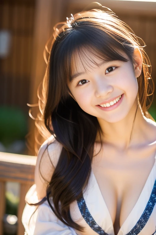 masterpiece,best quality,(Japanese ),((Beautiful girl)),cleavage,(perfect body beauty:1.2),(shy smile),beautiful teeth,(Blurred background of brick buildings),