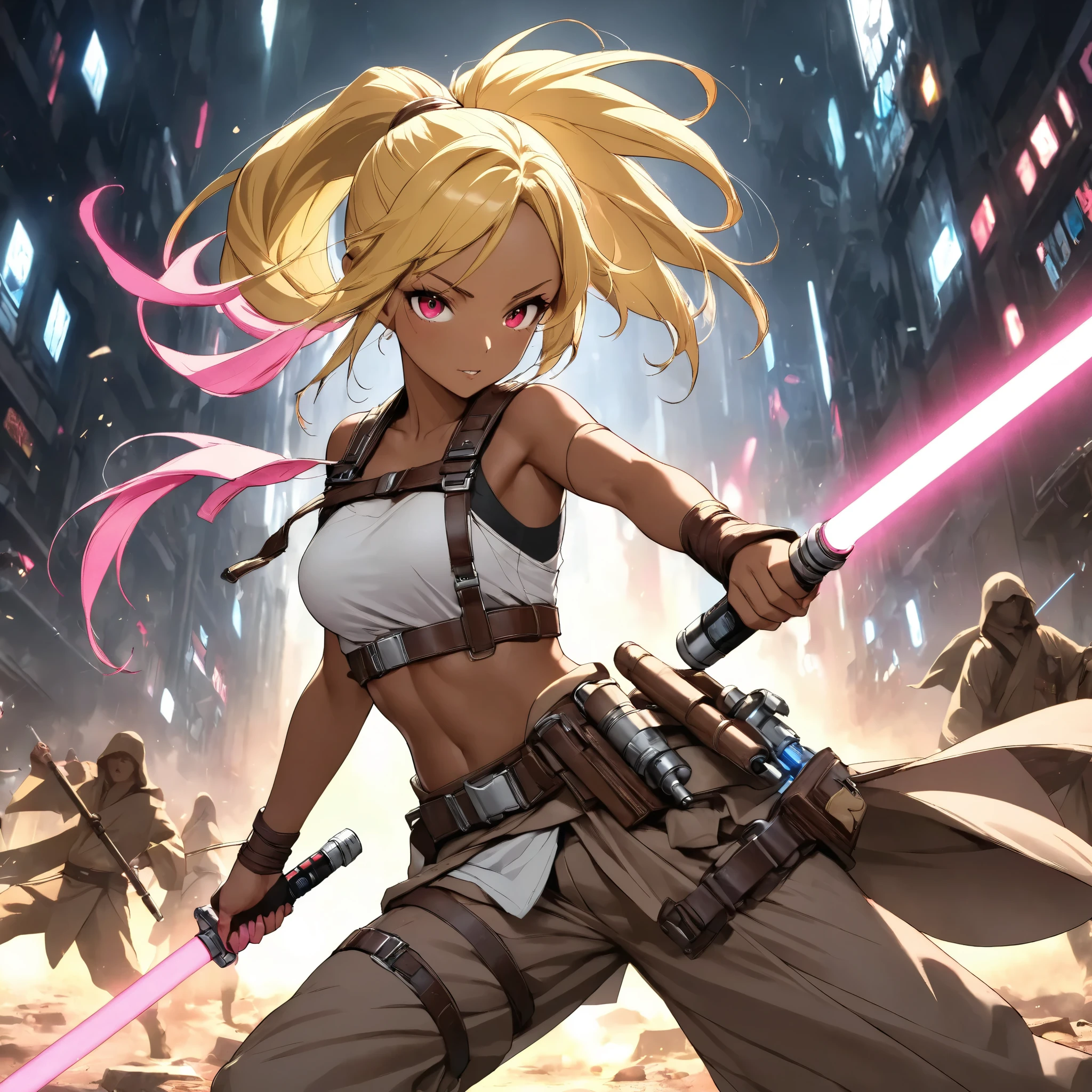 Beautiful Jedi Master in Battle in the Apocalypse 、1 fluorescent pink lightsaber、 anatomically correct posture 、 equipped with lots of tools on a tanned leather tool belt、Full Harness、 perfect eyes、Glossy brown skin 、Tattered clothes、 movie light effects, ponytail 、Shiny yellow hair、 red eyes
