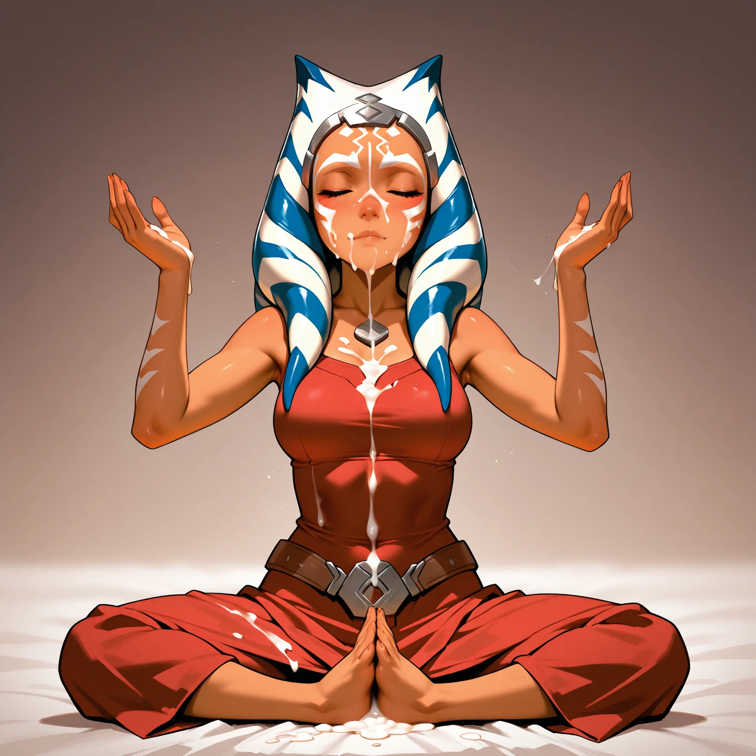 tired expression, 1girl, anthro, furry, fur, fluffy fur, siamese cat, cat girl, white hair (brown highlights), blue eyes, short hair, (19 years), medium breast, thicc thighs, solo, (egyptian temple), sunset, half-closed eyes, detailed, blues belly dancer outfit, blue loincloth, depressed, sad, sunset, kneeling, squatting, (her hands over her head), spread legs, looking at the viewer, score_9, score_8_up, score_7_up, score_6_up, score_5_up, score_4_up