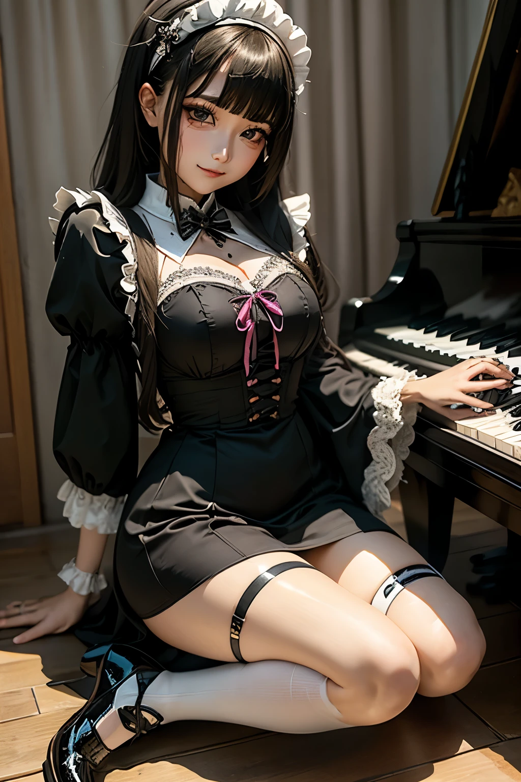 maid clothes、Black straight hair、masturbation、A sexy、Glamour、Gothic lolita、A slight smil、A sexy、Normal mesh、独奏、Glamorous、perspiring、splash water、light、Play the synthesizer、Playing the piano、Playing the organ、gotik、wretched、17 age、Black Knee High Socks、garters、panthyhose、be shy、Cheek dyeing、bewitching、