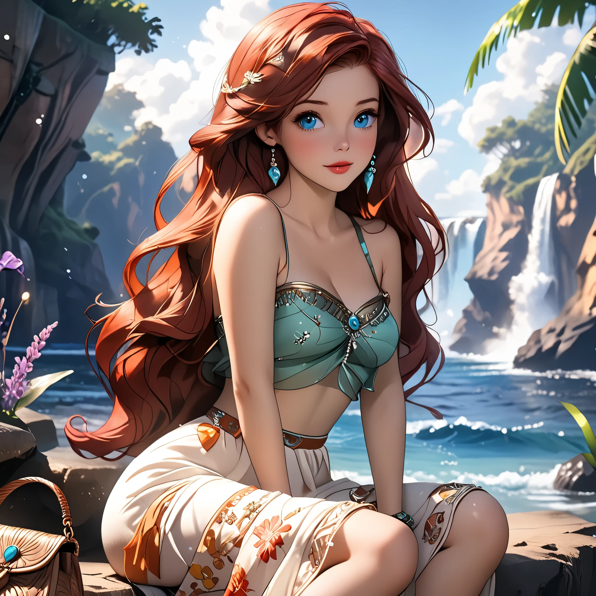 (beautiful girl:1.3),1girl,masterpiece,Highest quality,Ultra-high resolution,rich contrast,super high quality,8k,Highly detailed CG unit wallpaper,texture,Incredibly absurd,Ultra-high resolution,Highest quality anime,professional photograph,an extremely delicate and beautiful,RAW Photos,Depth of Field 1.2,ultra-detailed eyes,Glitter Effect,Beautiful glossy lips, 25years old, gorgeous legs, noise perfect, gorgeous ass, 1girl, gorgeous ass, dynamic pose, sensual woman, seductive woman, mature woman, Milf, maternal, shy look, full body, DisneyAriel, 1girl, red hair, blue eyes, long hair, princess Ariel the little mermaid, (type of photo: medium shot, portraying the person from head to waist), Boho Set (Adventure and Freedom): Top: Sleeveless linen blouse in terracotta tone with floral embroidery in white thread, with a "V" shaped neckline and thin straps.
Bottom: Long skirt with a wrap-around cut, with a multicolor ethnic print in warm tones (red, orange and yellow). The skirt has a lace fringe at the bottom edge.
Shoes: Brown leather sandals with thin straps and beaded details. Accessories: Wooden bracelets, silver rings and a straw bag with leather details.