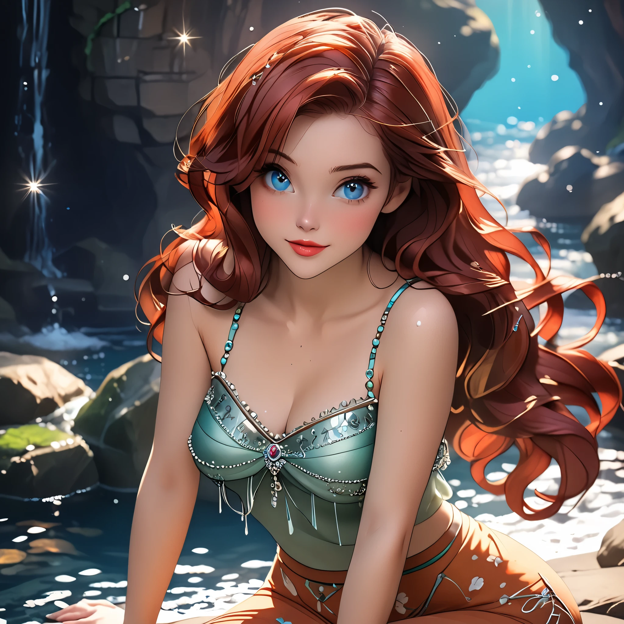 (beautiful girl:1.3),1girl,masterpiece,Highest quality,Ultra-high resolution,rich contrast,super high quality,8k,Highly detailed CG unit wallpaper,texture,Incredibly absurd,Ultra-high resolution,Highest quality anime,professional photograph,an extremely delicate and beautiful,RAW Photos,Depth of Field 1.2,ultra-detailed eyes,Glitter Effect,Beautiful glossy lips, 25years old, gorgeous legs, noise perfect, gorgeous ass, 1girl, gorgeous ass, dynamic pose, sensual woman, seductive woman, mature woman, Milf, maternal, shy look, full body, DisneyAriel, 1girl, red hair, blue eyes, long hair, princess Ariel the little mermaid, (type of photo: medium shot, portraying the person from head to waist), Boho Set (Adventure and Freedom): Top: Sleeveless linen blouse in terracotta tone with floral embroidery in white thread, with a "V" shaped neckline and thin straps.
Bottom: Long skirt with a wrap-around cut, with a multicolor ethnic print in warm tones (red, orange and yellow). The skirt has a lace fringe at the bottom edge.
Shoes: Brown leather sandals with thin straps and beaded details. Accessories: Wooden bracelets, silver rings and a straw bag with leather details.