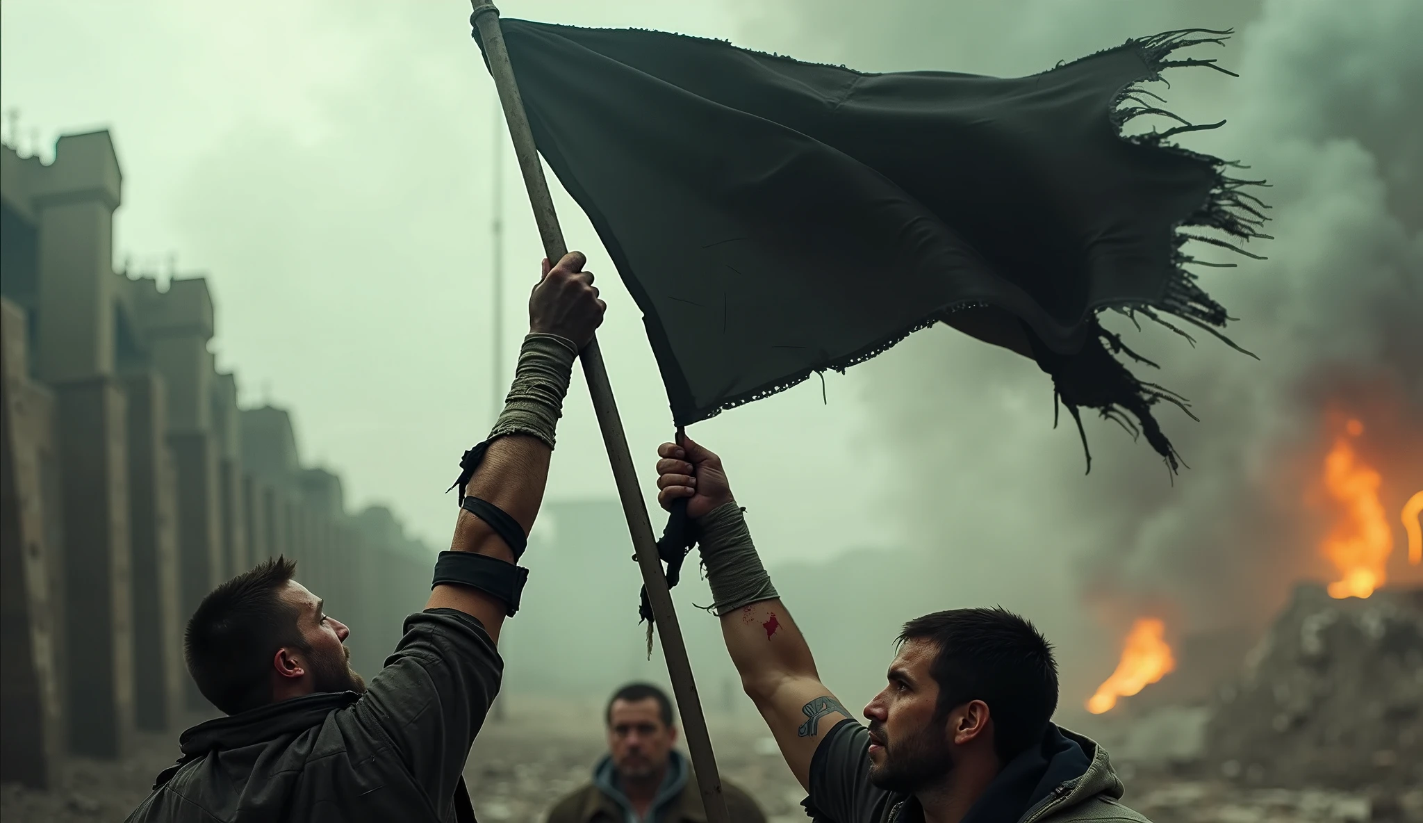 They are holding a flag in the air in front of a fire - SeaArt AI