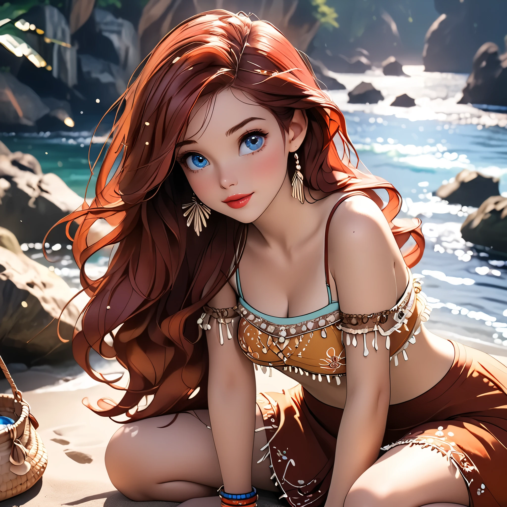 (beautiful girl:1.3),1girl,masterpiece,Highest quality,Ultra-high resolution,rich contrast,super high quality,8k,Highly detailed CG unit wallpaper,texture,Incredibly absurd,Ultra-high resolution,Highest quality anime,professional photograph,an extremely delicate and beautiful,RAW Photos,Depth of Field 1.2,ultra-detailed eyes,Glitter Effect,Beautiful glossy lips, 25years old, gorgeous legs, noise perfect, gorgeous ass, 1girl, gorgeous ass, dynamic pose, sensual woman, seductive woman, mature woman, Milf, maternal, shy look, full body, DisneyAriel, 1girl, red hair, blue eyes, long hair, princess Ariel the little mermaid, (type of photo: medium shot, portraying the person from head to waist), Boho Set (Adventure and Freedom): Top: Sleeveless linen blouse in terracotta tone with floral embroidery in white thread, with a "V" shaped neckline and thin straps. Bottom: Long skirt with a wrap-around cut, with a multicolor ethnic print in warm tones (red, orange and yellow). The skirt has a lace fringe at the bottom edge. Shoes: Brown leather sandals with thin straps and beaded details. Accessories: Wooden bracelets, silver rings and a straw bag with leather details.