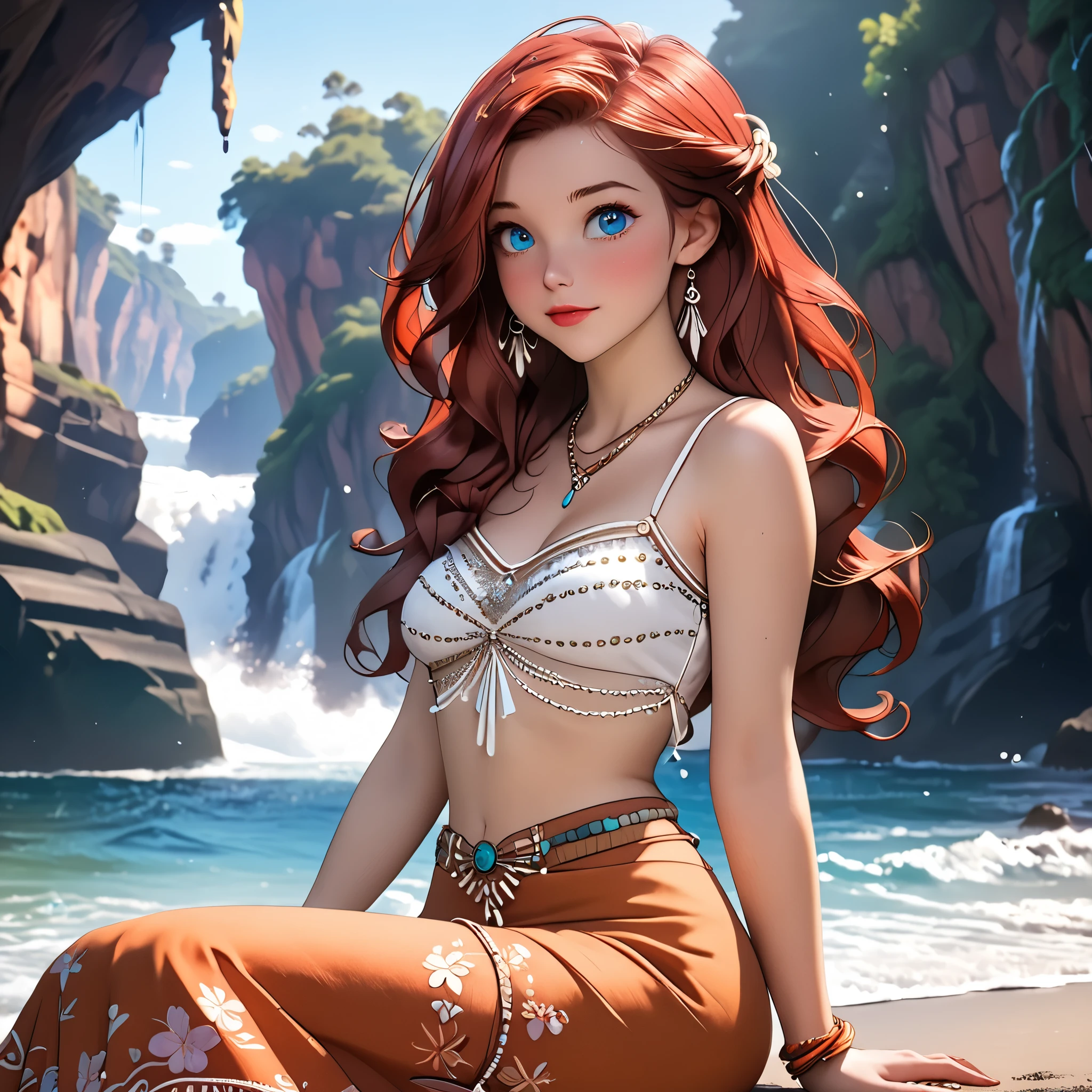 (beautiful girl:1.3),1girl,masterpiece,Highest quality,Ultra-high resolution,rich contrast,super high quality,8k,Highly detailed CG unit wallpaper,texture,Incredibly absurd,Ultra-high resolution,Highest quality anime,professional photograph,an extremely delicate and beautiful,RAW Photos,Depth of Field 1.2,ultra-detailed eyes,Glitter Effect,Beautiful glossy lips, 25years old, gorgeous legs, noise perfect, gorgeous ass, 1girl, gorgeous ass, dynamic pose, sensual woman, seductive woman, mature woman, Milf, maternal, shy look, full body, DisneyAriel, 1girl, red hair, blue eyes, long hair, princess Ariel the little mermaid, (type of photo: medium shot, portraying the person from head to waist), Boho Set (Adventure and Freedom): Top: Sleeveless linen blouse in terracotta tone with floral embroidery in white thread, with a "V" shaped neckline and thin straps. Bottom: Long skirt with a wrap-around cut, with a multicolor ethnic print in warm tones (red, orange and yellow). The skirt has a lace fringe at the bottom edge. Shoes: Brown leather sandals with thin straps and beaded details. Accessories: Wooden bracelets, silver rings and a straw bag with leather details.