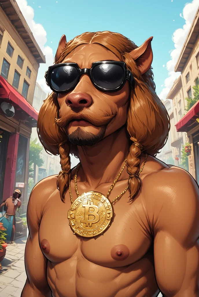 strong and muscular kangaroo sitting on throne holding cryptocurrency in hand