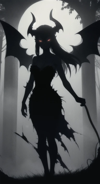 Foggy Forest, ancient female creature, demonic silhouette, fairy shadow figure, red eyes, eyes in the fog, rotting, looking dead, torn wings,