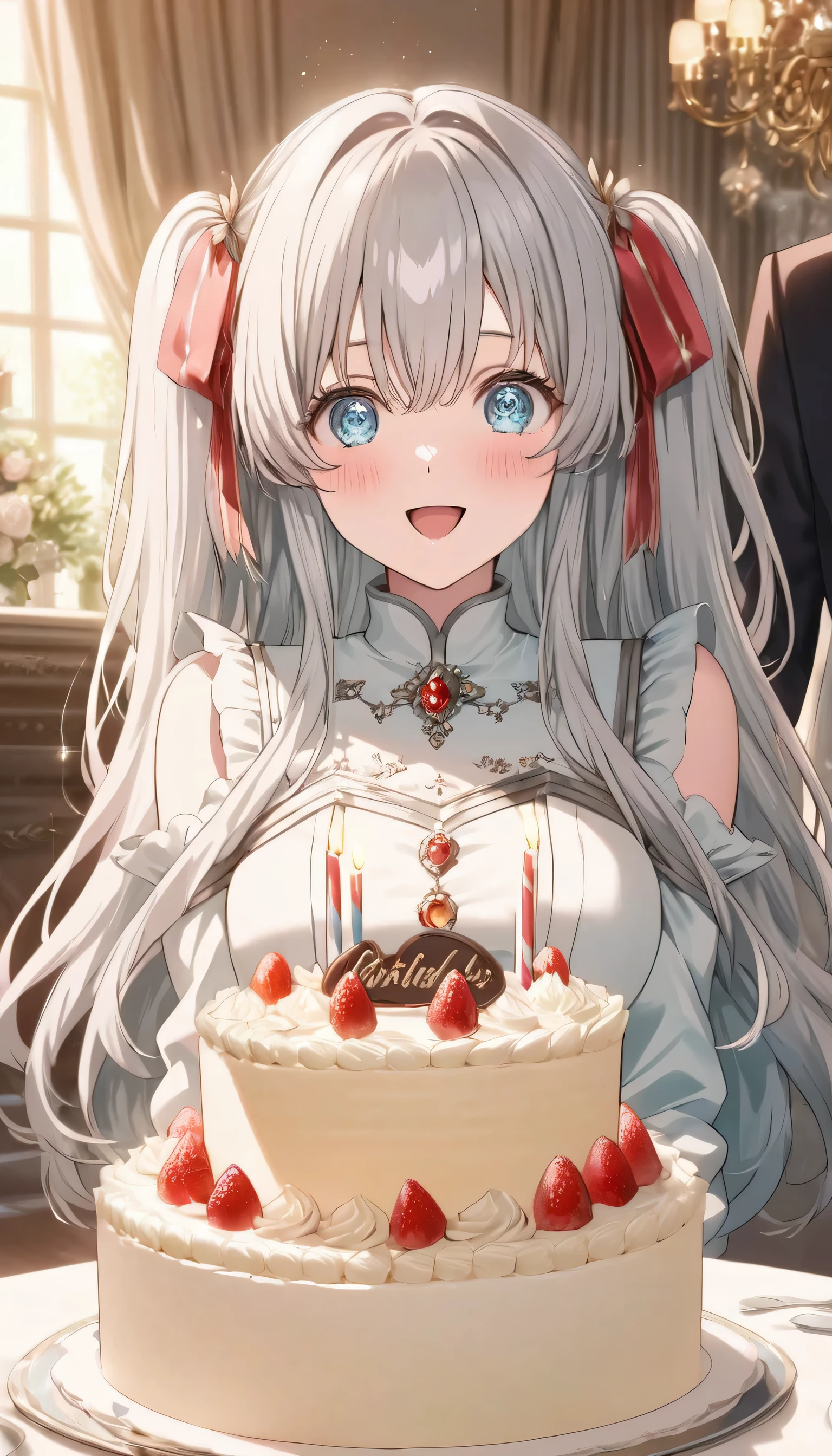 ((ultra-detailed)), (highly detailed CG illustration), (best quality:1.2), ultra-highly detailed, colorful composition, artistic photoshoot, 1girl, solo focus, ((upper body:1.4)), moe anime character, girl, dainty facial structure, (bab(round face), ((rounded chin:1.2)), ((ideal ratio body proportions)), celia-default, celia claire, (blue eyes), sparkle eyes, silver hair color, two side up, ((hair ribbon with red)), ((red semi formal dress with gold decorations)), ((surprised)), ((excited)), (happy), (joyful), (open mouth), ample breasts, best quality, masterpiece, ((birthday cake on the table:1.4)), best quality, masterpiece, ((sitting in a luxurious decorative room at the birthday party)), from front, expecting, pink cheek, blush, light pink gloss slip, portrait, depth of field, soft lighting, sidelighting, (shine), lighting, caustics, ray tracing, smile, perfect face, lustrous skin, highly detailed face, highly detailed eyes, perfect face, perfect nose, perfect hair, perfect eyes, perfect anatomy, beautiful hair, beautiful small face, extremely detailed face, beautiful detailed eyes, beautiful clavicle, beautiful body, beautiful huge breasts, leavage, breasts squeezed together, equalize the size of the left and right breasts, beautiful fingers, 4 fingers, 1 thumb, lovely, (very detailed background:1.0), (highly detailed background:1.0), spring aesthetic, intricate details, festive atmosphere, joyful atmosphere, spring colors palette, chromatic aberration