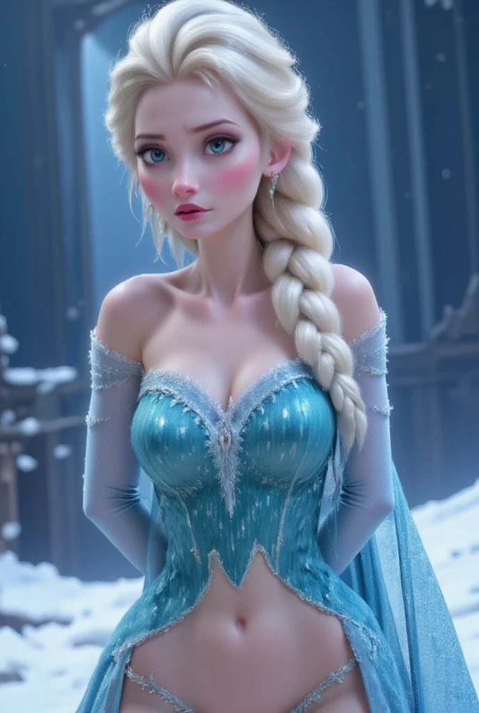 1girl, solo, Scarlett Johansson is a very sexy ElsaWaifu, blue see-through dress, big breasts, huge breasts, cleavage, low cut, high slit skirt, form fitting dress, elegant transparent dress, single braid, blond hair, hourglass figure, ice castle background, hyper realistic, photorealistic, RAW photography, Best quality, masterpiece, huge breasts