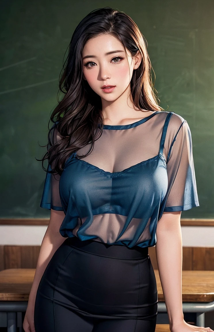 Sheer tank top、Transparent nipples、Big Tits、See-through underwear、pantyhose/stockings、Cheerleader、teacher、classroom、Blue Hair