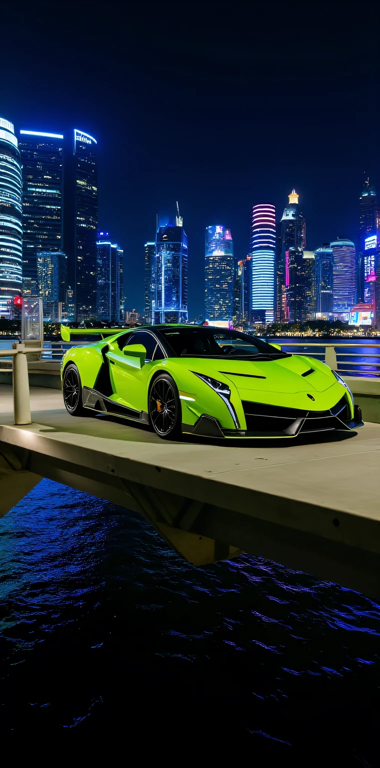 " Lamborghini Veneno : color: - Intense tone : Metallic lime green (# 33CC33 ) with details in matte black - Bright : high, with a touch of depth and complexity - Paint : Metallic with effect of "color change" depending on the angle of the light
Design : - Shape: Aerodynamic and aggressive , with angular lines and sharp curves - Style : Sporty and extreme , with a touch of sophistication and exclusivity - Details : Slim LED lights , adjustable rear spoiler , 20-inch alloy wheels
Interior : - color: Matt black leather (#000000) with carbon fiber details - Material : high quality leather, carbon fiber and aluminum - Design : Minimalist and functional , with a focus on comfort and performance
Bridge : - Material: Steel and concrete - Design : Modern and aerodynamic , with clean and minimalist lines - View : Panoramic of the city at night , with illuminated buildings and neon lights that reflect in the water
City : - Buildings: Modern and contemporary , with innovative designs and sustainable materials - Lighting : Bright and vibrant , with a variety of colors and textures - Environment : Dynamic and exciting , with a fast pace and a sense of energy and movement
Overall , el Lamborghini Veneno estacionado en el puente ofrece una vista impresionante de la ciudad de noche, with its extreme and sporty design that integrates perfectly with the modern and dynamic environment ."