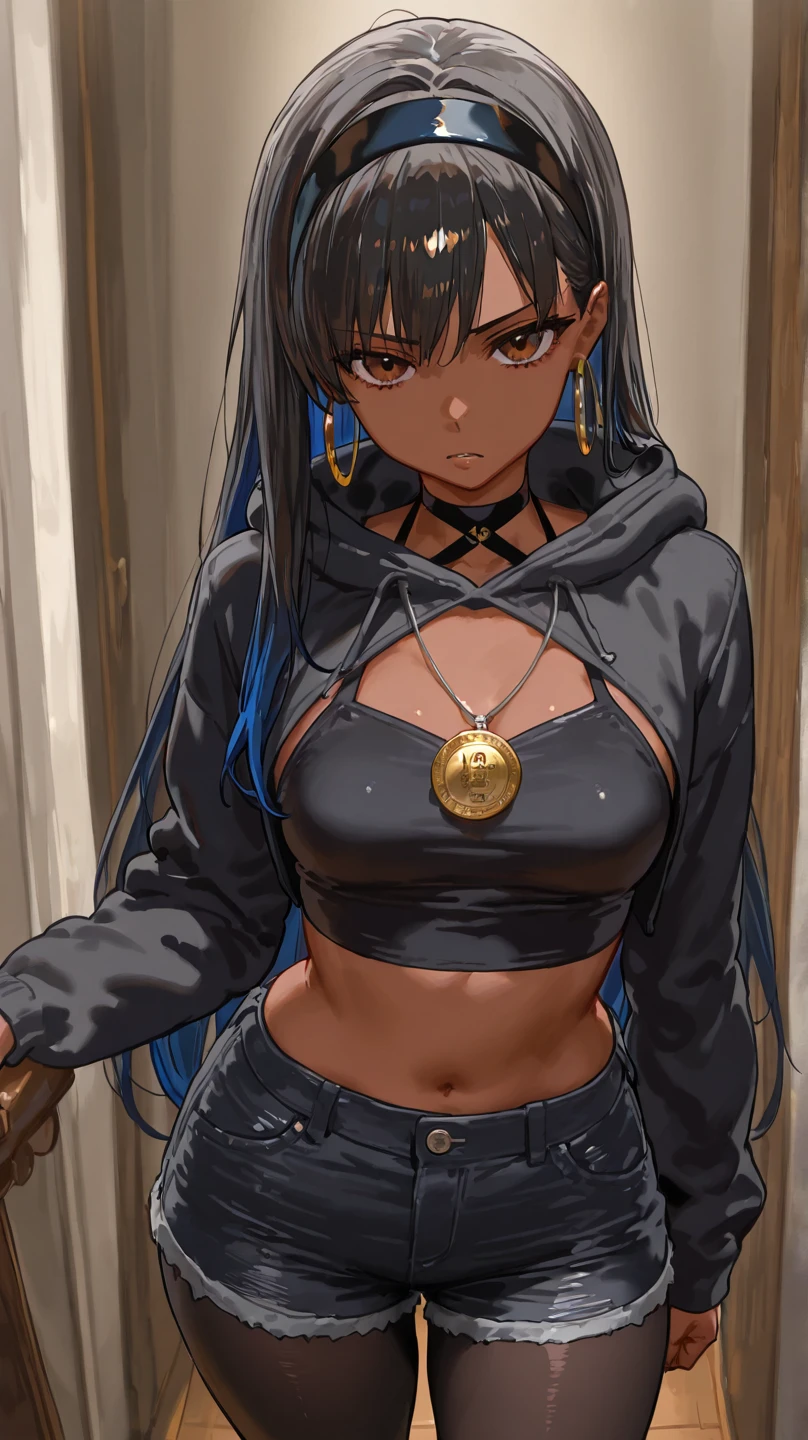 1girl, asymmetrical_hair, black_hair, dark-skinned_female, dark_skin, ear_piercing, earrings, eyeshadow, jewelry, lips, long_hair, looking_at_viewer, makeup, mole, mole_under_eye, nose, piercing, realistic, solo, stud_earrings,  nipple bulges, no bra, nsfw, wearing sweater, unzipped