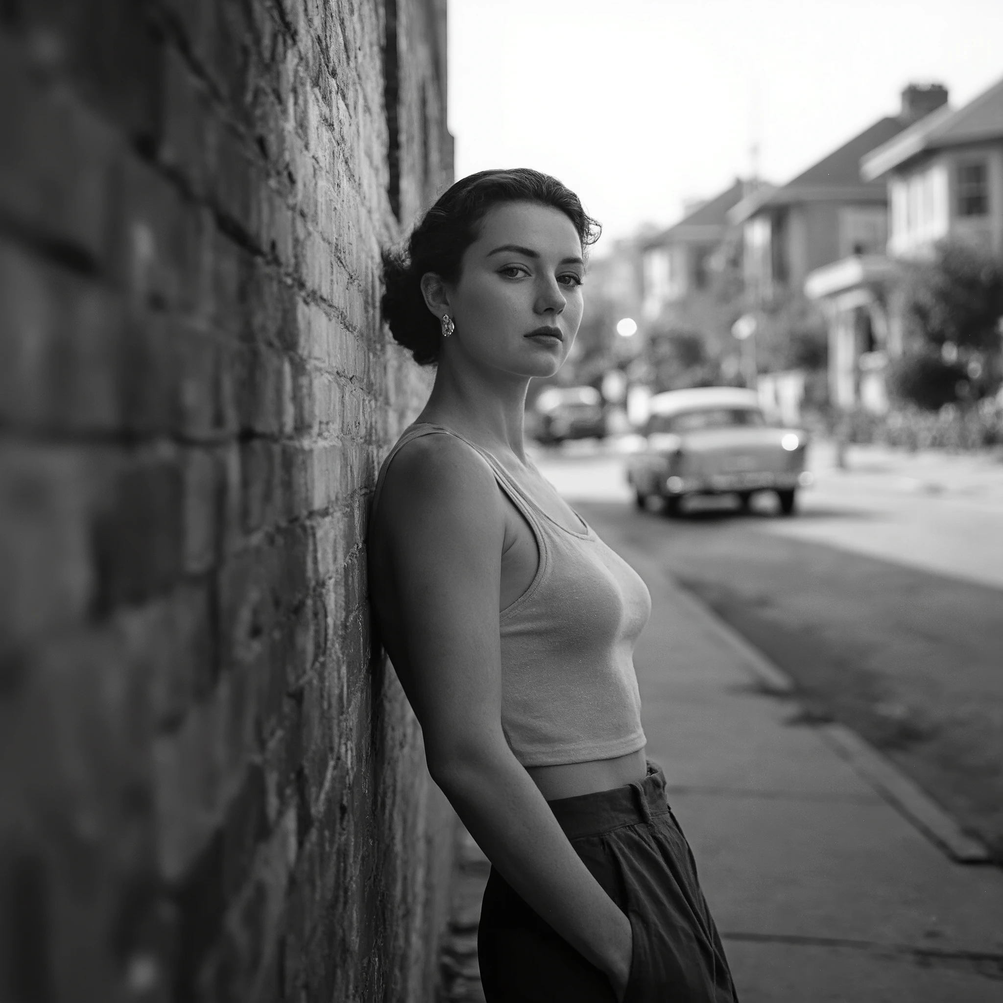 Cinematic black-and-white photography of a striking model in a 1950s-inspired outfit, featuring a sleeveless fitted top made of soft cotton or knit fabric, paired with high-waisted, wide-leg pants that highlight the classic elegance of the era. The model leans confidently against a textured brick wall, her body slightly turned away while her head is tilted back toward the camera. Her expression is poised and captivating, with a confident gaze directed at the viewer, exuding a timeless charm. The background captures an urban street scene with vintage details, including a black 1950s classic car parked nearby. Suburban houses with retro architectural features are softly blurred, ensuring the model remains the focal point. The grayscale tones enhance the nostalgic atmosphere, emphasizing contrasts between light and shadow. The lighting is soft yet directional, casting dramatic highlights on the model’s face and outfit while deepening the shadows, accentuating the textures of the brick wall and the car’s reflective surfaces. Enhanced shadows add cinematic depth and dimension, creating a timeless and evocative composition that feels both authentic and elegant --ar 4:5 --s 500 --v 6 --stylize 750