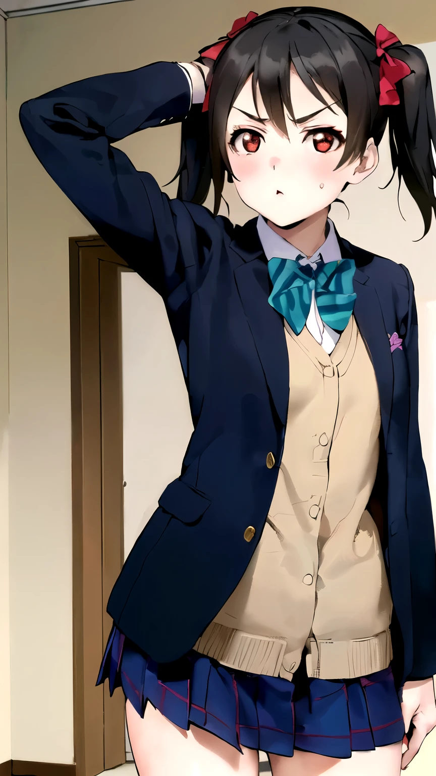 (masterpiece,best quality)),{ DATE_artstyle_LoRA(1.2( : Manga_Style } {horror_edit} {} } { :{ niko yazawa, black hair, (red eyes:1.3), bow, twintails, hair bow, , , perfectly_small_shaped_breast: perfectly_slender_body : } { skirt, school uniform, jacket, blazer, winter uniform, otonokizaka school uniform, }} {standing : obedient : hands_behind_head } { no_emotion : hypnotic_eyes : hypnotized_eyes : lazy_eyes} { sweating : } { : room : dark : }