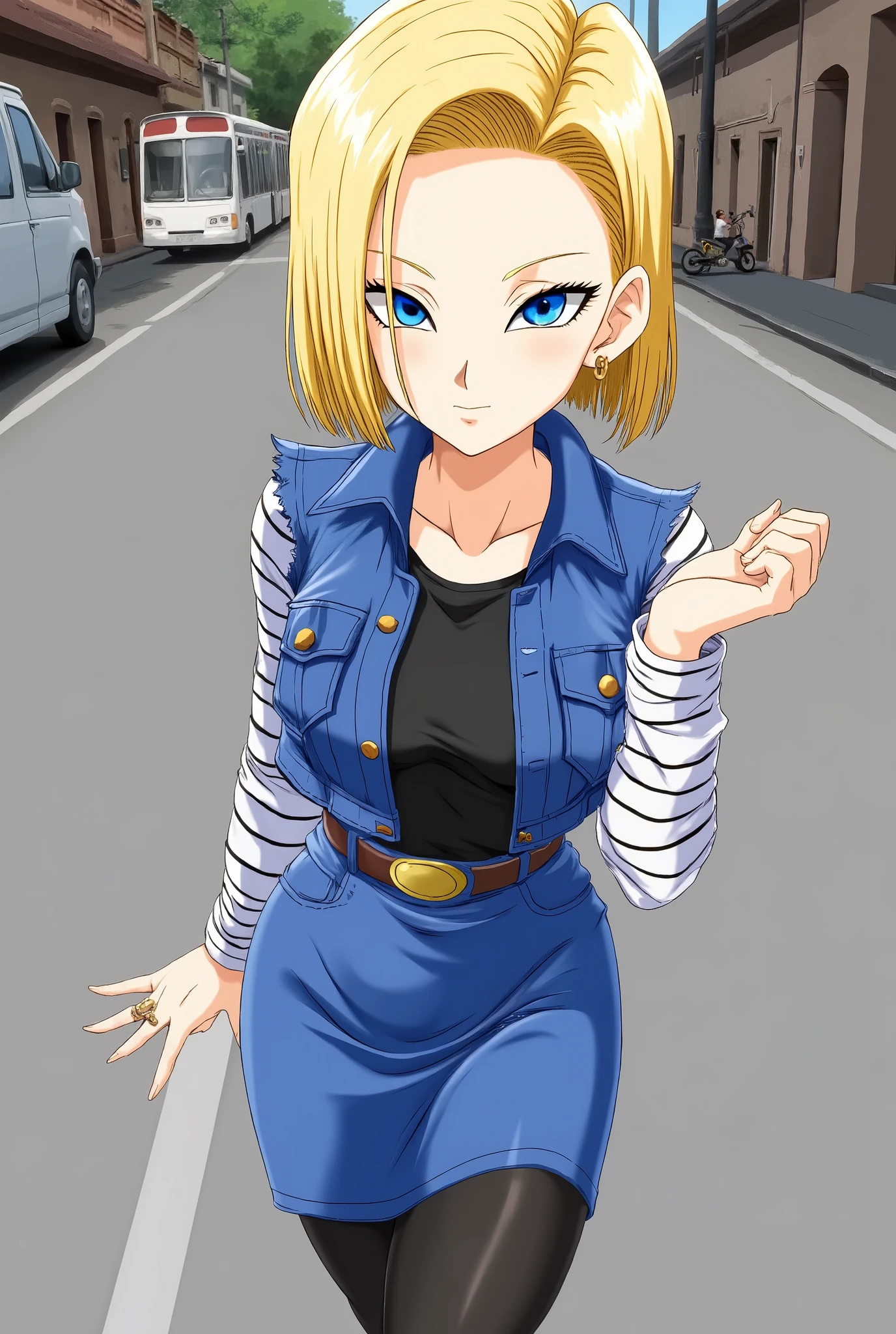 better quality, highres, and18, 1 girl, android 18, Alone , blond hair, Blue eyes, short hair , pending, jeweler's, Denim vest, [ Open Jacket, black tights , black shirt, denim skirt, striped long sleeves, blue skirt, big breasts, cowboy shot, street,