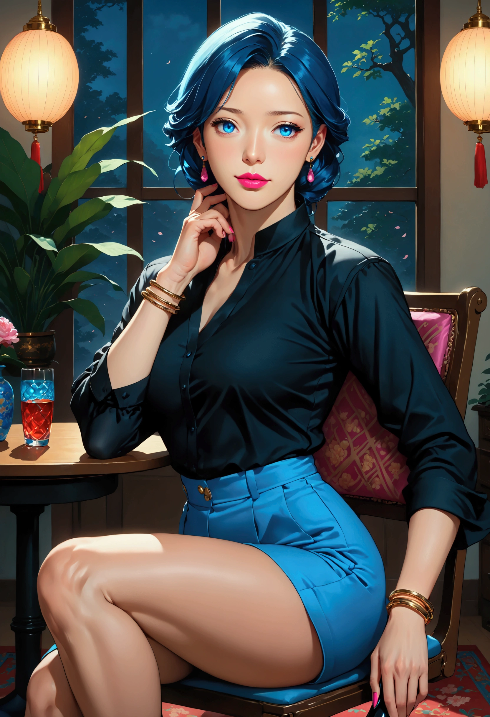 (( 1 girl, Alone , alone, Han Joo-ri, pretty Han Joo-ri from Street Fighter, Blue Eyes, twojuri, Blue Eyes, Long Sleeve , three, multicolored hair , Blue Eyes, Fujuri, roomy pants , panties, black pants , Muscular Female , gold bracelet , Turquoise Earrings )), athletic body, Toned Body , fitness , ((Alone, (1 Female, wearing pink lipstick), extremely detailed outdoors, soft lighting , 4K, PERFECT EYE, perfect face, perfect lighting, a 1 girl)), (( Staring At Viewers , (( Black blouse, black shirt,black tights, Cerulean Blue High Heels , stiletto heels , sitting on chair, chair, sitting cross-legged, legs crossed , office, machine, carpet, smug ))
