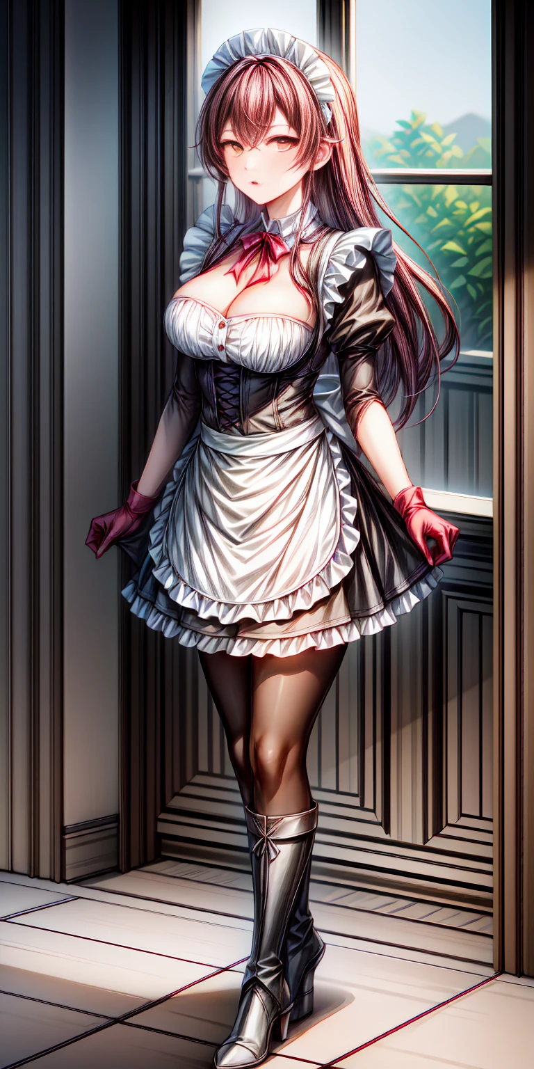(masterpiece, best quality, ultra detailed, absurdres)1.5, 1girl, (sexy, beautiful woman, perfect face, perfect eyes, perfect female body, huge breasts)1.5, (maid, maid apron, frilled apron, red and white vertical striped thighhighs, thighhighs, <lora:stripedthighhighs:0.5>), (standing, modern mansion), perfect lighting, smooth, hdr