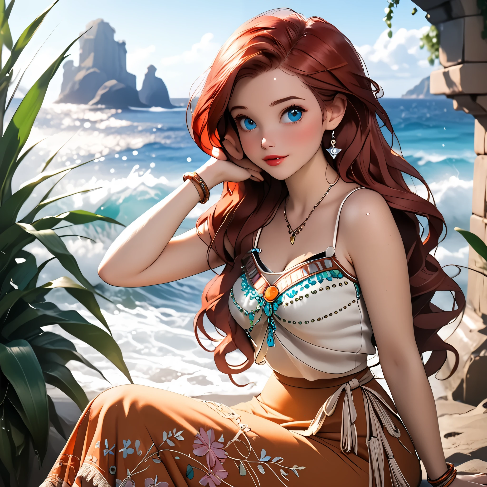 (beautiful girl:1.3),1girl,masterpiece,Highest quality,Ultra-high resolution,rich contrast,super high quality,8k,Highly detailed CG unit wallpaper,texture,Incredibly absurd,Ultra-high resolution,Highest quality anime,professional photograph,an extremely delicate and beautiful,RAW Photos,Depth of Field 1.2,ultra-detailed eyes,Glitter Effect,Beautiful glossy lips, 25years old, gorgeous legs, noise perfect, gorgeous ass, 1girl, gorgeous ass, dynamic pose, sensual woman, seductive woman, mature woman, Milf, maternal, shy look, full body, DisneyAriel, 1girl, red hair, blue eyes, long hair, princess Ariel the little mermaid, (type of photo: medium shot, portraying the person from head to waist), Boho Set (Adventure and Freedom): Top: Sleeveless linen blouse in terracotta tone with floral embroidery in white thread, with a "V" shaped neckline and thin straps. Bottom: Long skirt with a wrap-around cut, with a multicolor ethnic print in warm tones (red, orange and yellow). The skirt has a lace fringe at the bottom edge. Shoes: Brown leather sandals with thin straps and beaded details. Accessories: Wooden bracelets, silver rings and a straw bag with leather details.