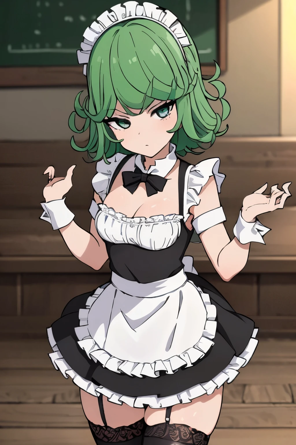 (masterpiece:1.2),( Highest quality), (High resolution), (unity 8k wallpaper), (Beautiful attention to detail), (Tatsumaki), One Girl, Green Hair, short hair, Green Eyes, small Breasts, (maid headdress), (black french maid:1.3), (puffed sleeves), (lace trim), (frilled apron), (lace stockings), standing, Cowboy shot, bar