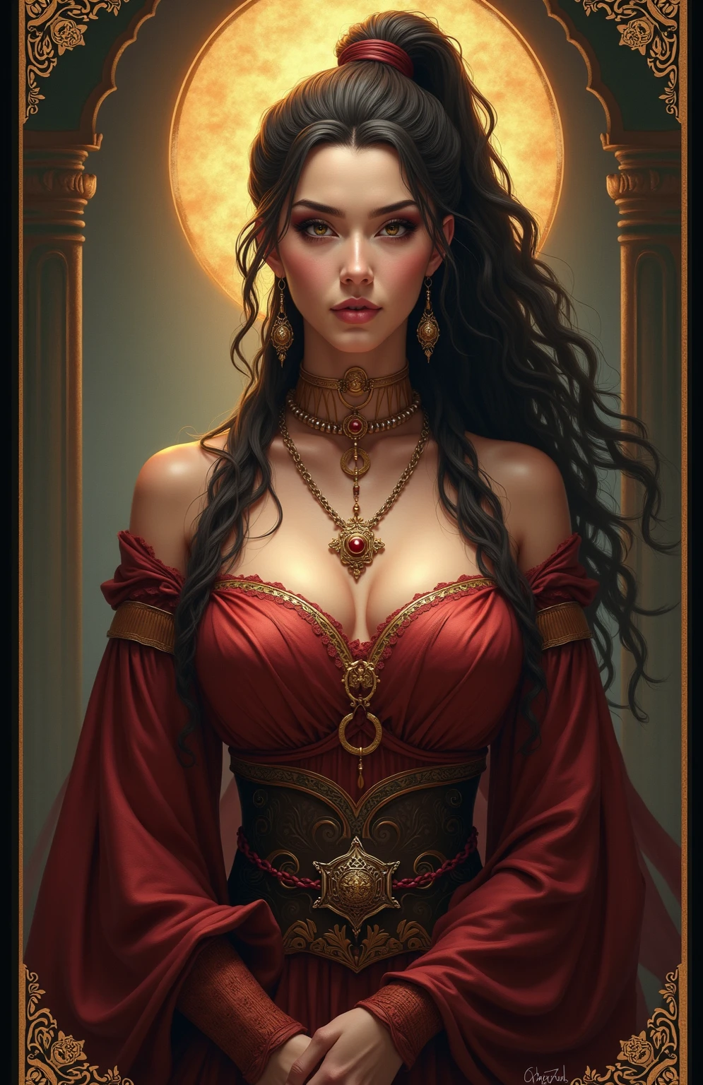 Create a detailed, colored illustration of Consort Anara from the Khan Clan in a masterpiece 4k. Anara should be portrayed in attire that is more revealing, erotic, and seductive, yet still maintains a level of cultural appropriateness and respect for her royal status. Her outfit should reflect her culture, with designs that emphasize her regal bearing.