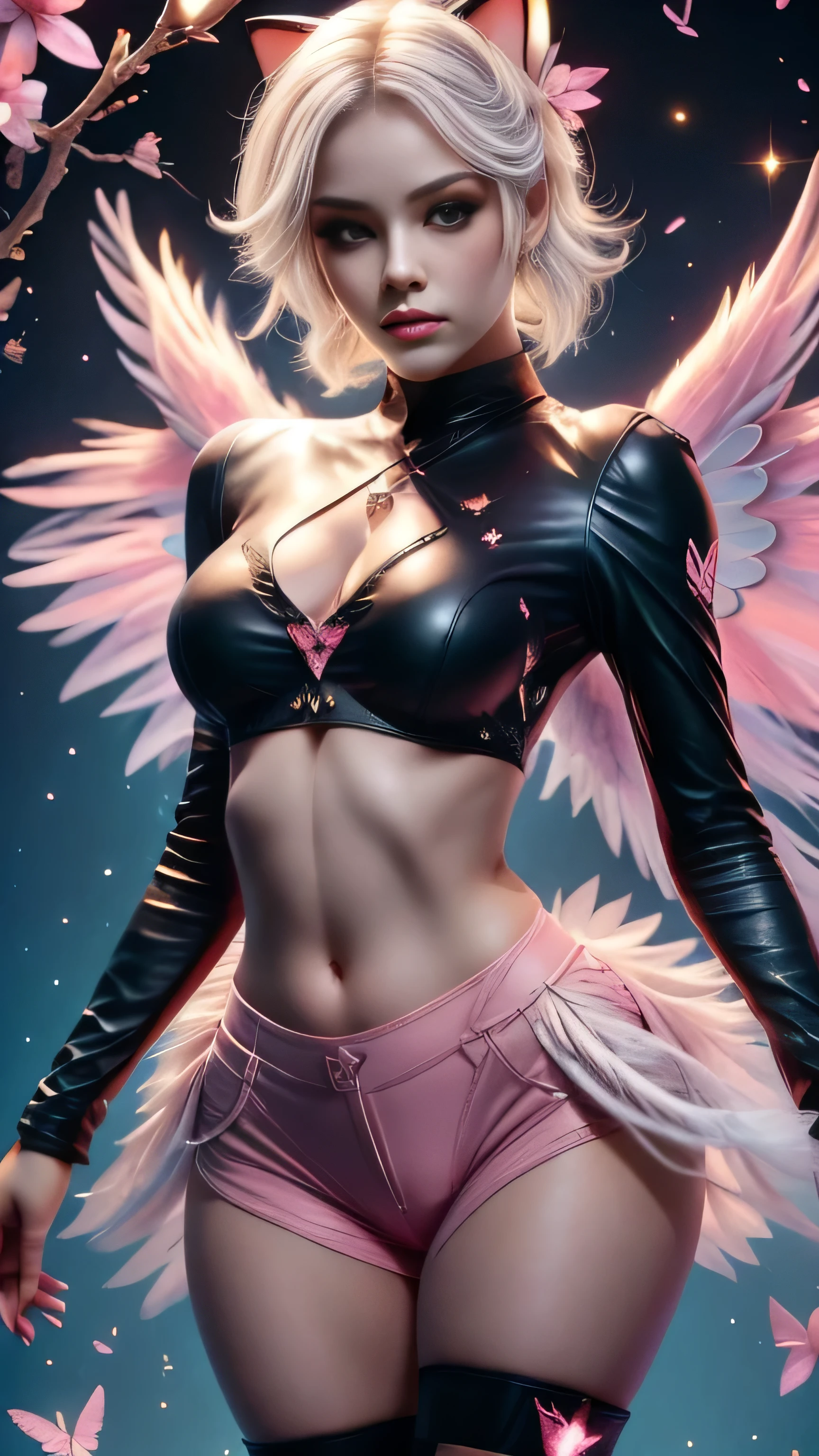 shimmering, sparkling, airbrushed gothic beauty with long black and pink hair in flowing waves, blue eyes, full slim skinny gothic cat girl body, ragged black and pink fluffy wings extending behind her crouching figure, her outfit consists of a pink long-sleeved top with the words "No More Flying" on it, ripped black jeans, pink leather boots, a mottled pink and black background with fluttering feathers, fantastic realism sparkles with unearthly magic