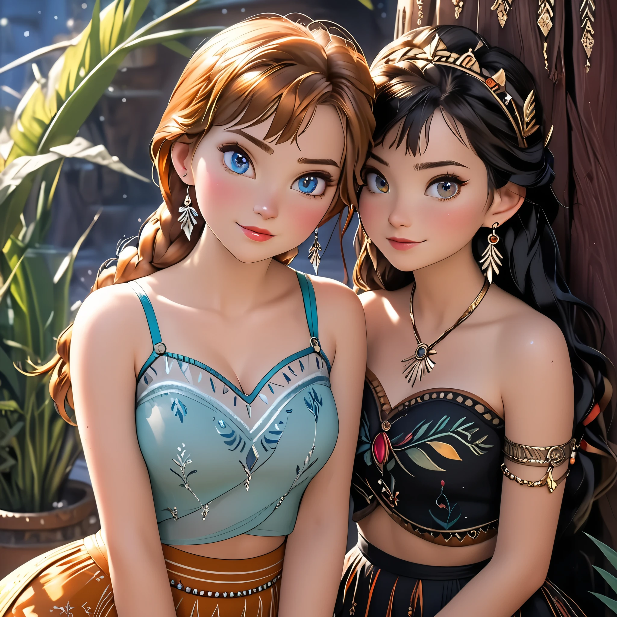 (beautiful girl:1.3),1girl,masterpiece,Highest quality,Ultra-high resolution,rich contrast,super high quality,8k,Highly detailed CG unit wallpaper,texture,Incredibly absurd,Ultra-high resolution,Highest quality anime,professional photograph,an extremely delicate and beautiful,RAW Photos,Depth of Field 1.2,ultra-detailed eyes,Glitter Effect,Beautiful glossy lips, 25years old, gorgeous legs, noise perfect, gorgeous ass, 1girl, gorgeous ass, dynamic pose, sensual woman, seductive woman, mature woman, Milf, maternal, shy look, full body, (type of photo: medium shot, portraying the person from head to waist), orange hair, blue eyes, twin braids, Princess Anna from Frozen, DisneyAnna, Boho Set (Adventure and Freedom): Top: Sleeveless linen blouse in terracotta tone with floral embroidery in white thread, with a "V" shaped neckline and thin straps.
Bottom: Long skirt with a wrap-around cut, with a multicolor ethnic print in warm tones (red, orange and yellow). The skirt has a lace fringe at the bottom edge.
Shoes: Brown leather sandals with thin straps and beaded details. Accessories: Wooden bracelets, silver rings and a straw bag with leather details.