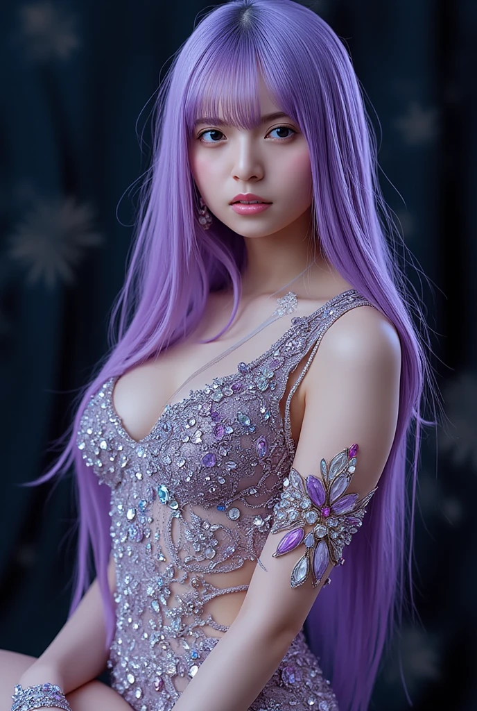 sexy Brazilian model who controls poison、sexy smile、lipgloss、long lashes、glossy transparent lipstick、colorful metallic makeup、look at the camera、full body Esbian、、sparkling poisoned flower costume、、、、sparkling Colorful hair、secrete poison、skull hair accessories、sexy tights、shiny sparkling flowers background