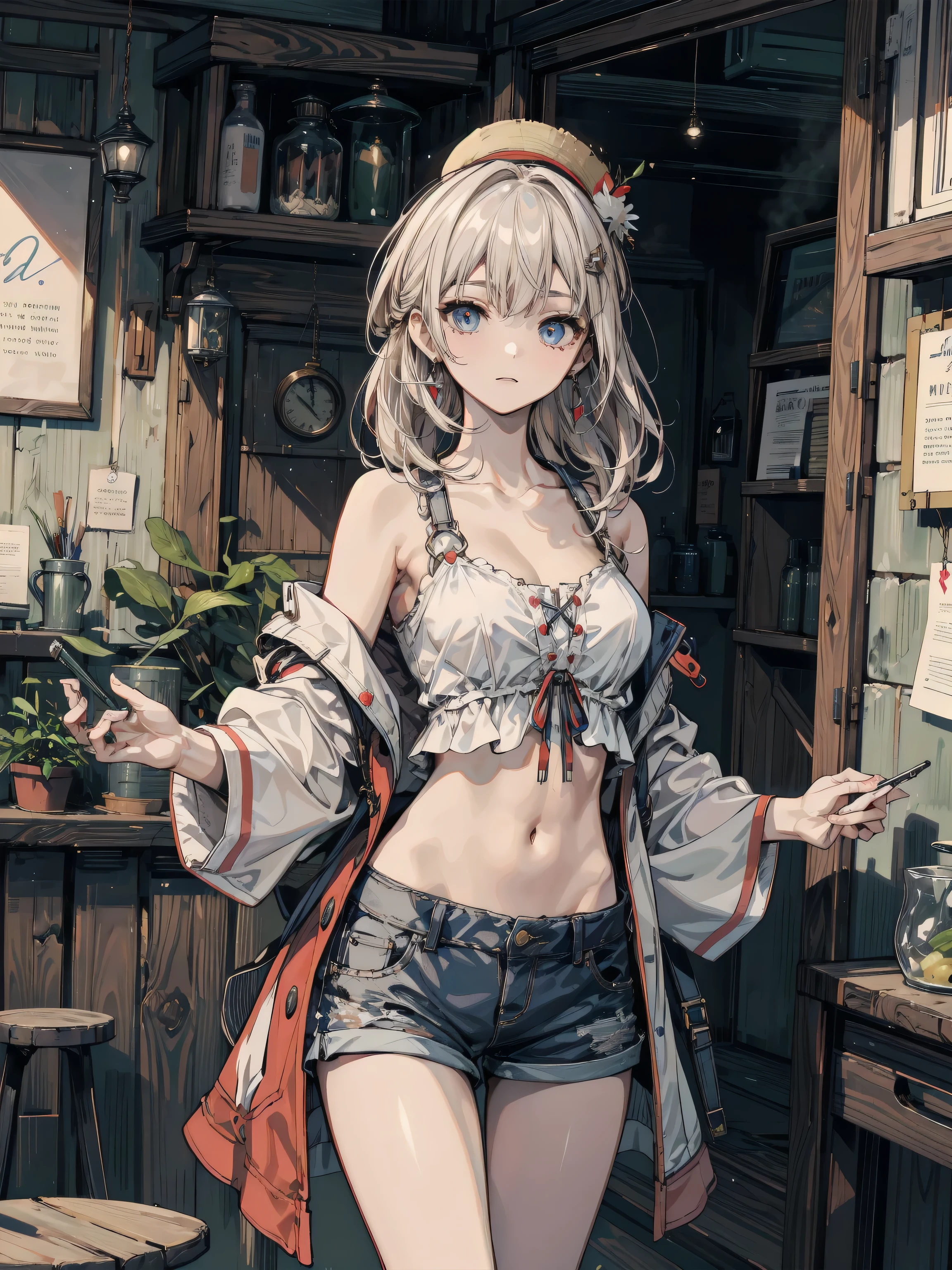 (masterpiece, Best Quality, ultra-detailed, high resolution, extremely detailed CG, official art, Professional Lighting, Perfect Anatomy, anime colors), (from below), looking at viewer, cowboy shot, perfect body, a 24yo beautiful girl, sidelocks, hairband, earrings,medium hips, glamorous body,a small face,beautiful-makeup,Makeup light,dark brown hair, Amazing Cleavage, thin waist, cute ass, Raised sexy, small breast: 1.2 posed cleavage:1.2, (off shoulders,Denimbra,legginullnude), micro denim shorts, bare legs, nail_polish, pale skin, Waiting friend, (morning:1.5), tokyo, (convenience store:1.3), outdoor, (depth of field:1.3), contrapposto, (Hold a coffee in your hand:1.3),delicate beautiful face, Bright blue eyes, cute eyes, sparkling eyes, Big eyes, (perky chest:1.1), (pointed chest:1.3), looking at viewer,
