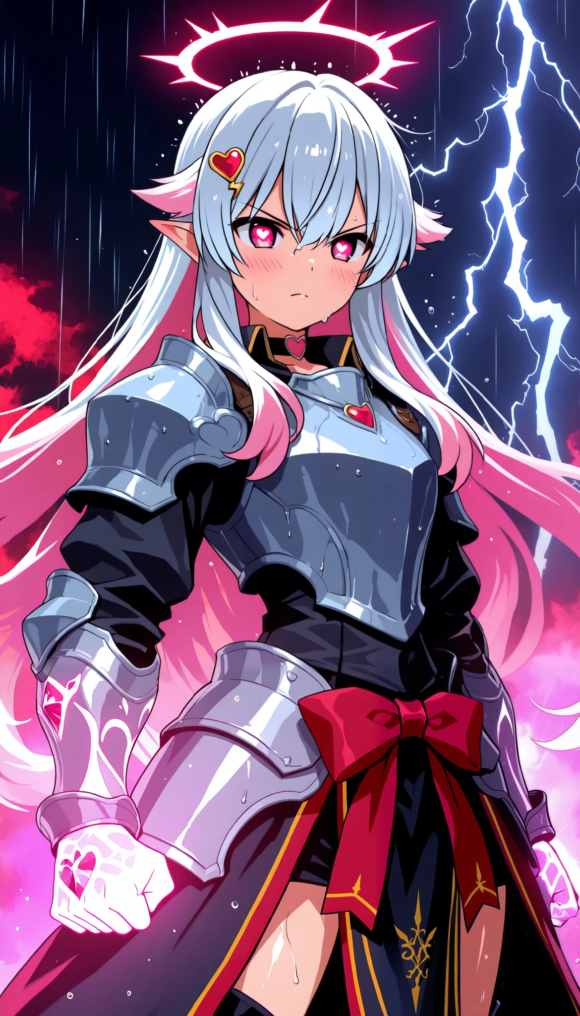 score_9, score_8_up, score_7_up, score_6_up, score_5_up, score_4_up, 1girl, fantasy, petite, halo, cowboy shot, hair clip, dynamic angle, angry, looking ahead, blush, pink eyes, symbol-shaped pupils, heart shaped pupils, pointy ears, long hair, headwings, hair flaps, white hair, multicolored hair, pink tips hair, bangs, hair between eyes, hair ornament, heart choker, red bow, steel armored clothes, wet armor, angel knight, heart hair ornament, clenched fist, standing, dark background, rainy, lightning, shape hand changed, pink crystal hand, crystal hand skin, shiny, shiny crystal skin, white steel armored clothes, pink Ruby hand, cinematic lighting, motion blur, motion lines, anime screencap, red aura