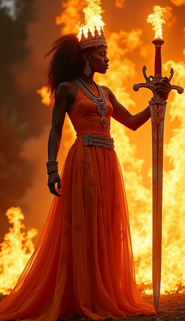 Woman, black, curly hair on fire, wearing a flowing red dress and a golden mask, running in the desert barefoot and a golden sword in her left hand.