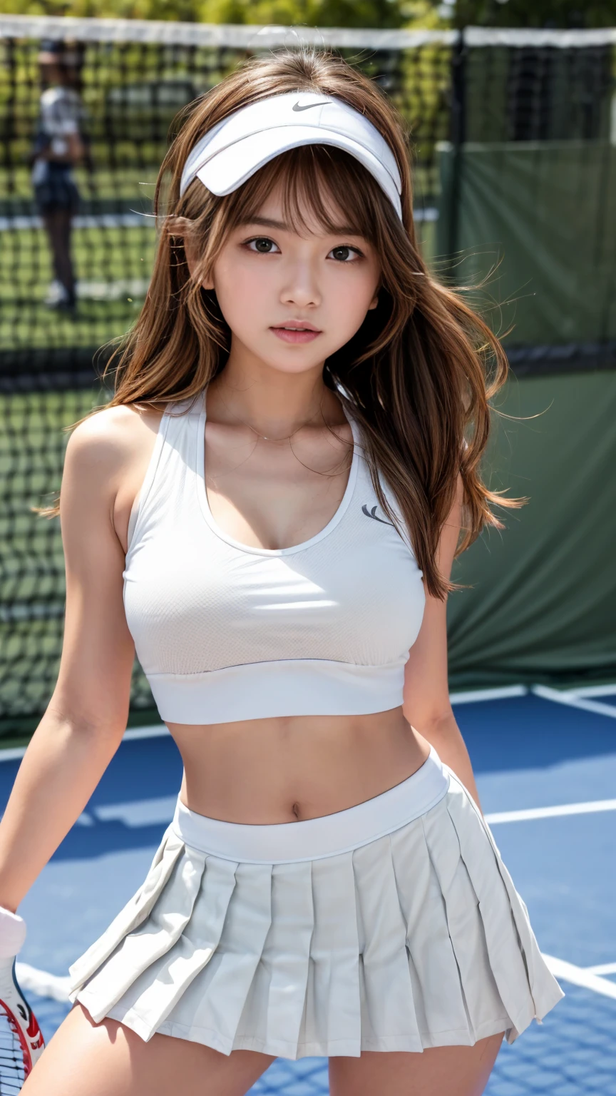 (8k, RAW photo, top quality, masterpiece: 1.2), (realistic, photorealistic: 1.37), ultra detail, ultra high resolution, one girl, (detailed background:1.2) beholder, beautiful detailed face, smile, constriction, (slim waist): 1.3), beautiful detailed skin, skin texture, floating hair, professional lighting, Japanese beautiful girl, long hair, bob cut, beautiful hair, 20 years old, attractive breasts, (huge breasts:1.2), beautiful shape breasts, full body from toes to head, standing, Shift gaze away, gaze into the distance, natural color hair, color inner hair, (track and field wear:1.4), sports bra, track and field short tight pants