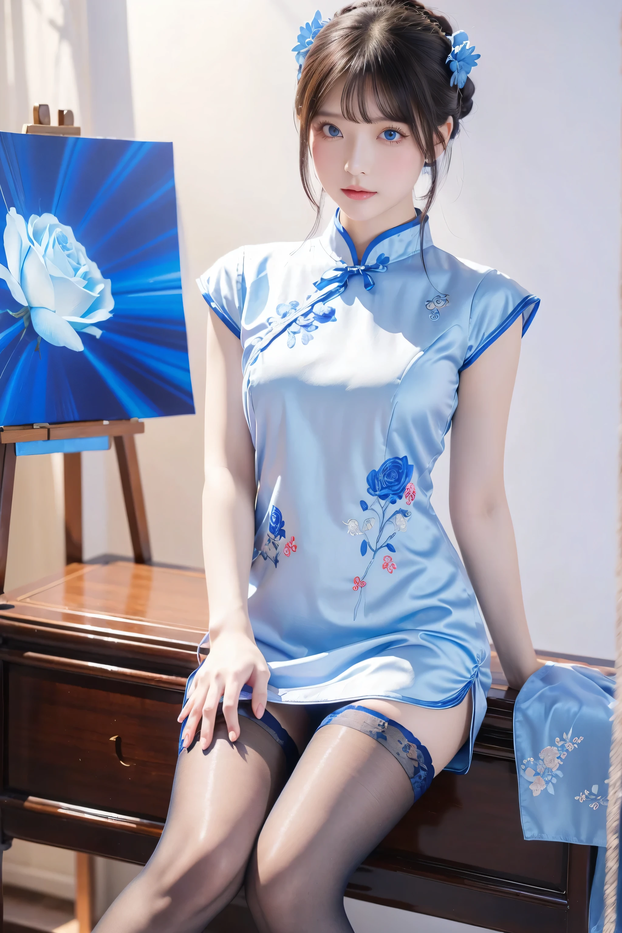 Cheongsam, 1 girl, blue bow, blue eyes, blue flowers, blue ribbon, blue rose, chest, Chinese clothing, Chinese clothing, dress, flower, gradient, gradient background, embroidered ball flower, looking at the audience, small chest, pantyhose, rose, single, thigh pantyhose, Chinese paper fan with painting on it,
