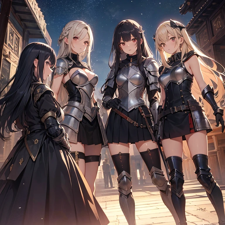 A group of female knight, (in forest), various hair styles, harem, wearing armored clothes, metal armor, night, details face, , short skirt, seducing, sword, showing armpits, sleeveless, midriff